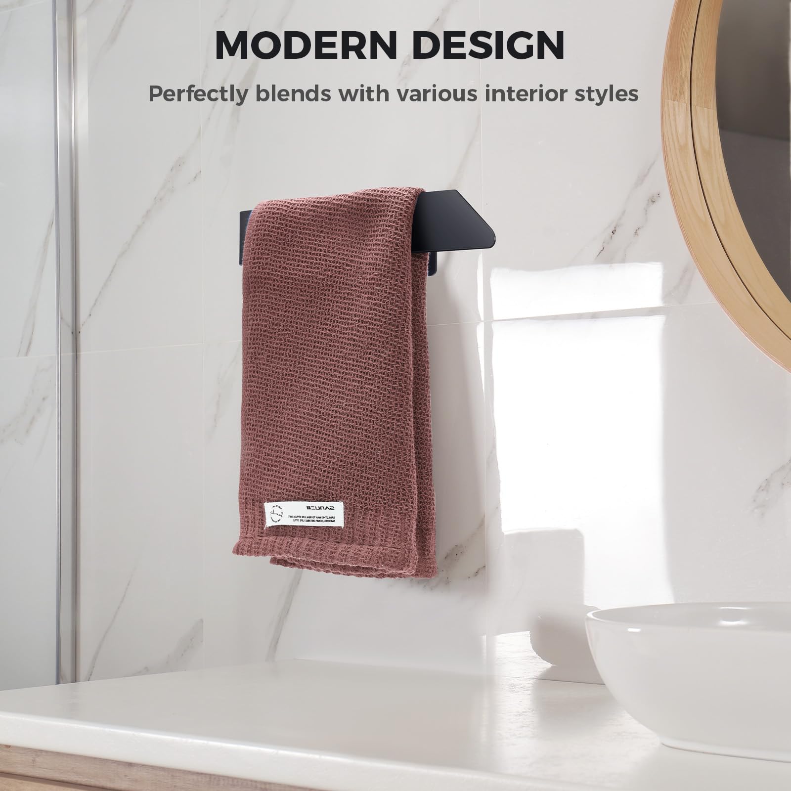 BOTEMY 8 Inch Self Adhesive Wall Mount Towel Holder - No Drill 304 Stainless Steel Bathroom Towel Rack with Heavy Duty Sticky Backing, Brushed Black Finish (1 Pack) - Perfect for Small Bathrooms, Kitchens, RVs and Apartments