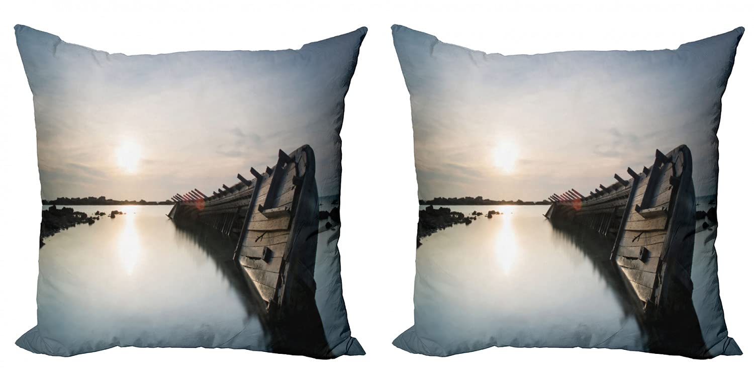 Ambesonne Shipwreck Decorative Throw Pillow Covers (Pack of 2) - 24 Inch Rustic Boat Crash Lake Landscape with Horizon - Pale Blue & Brown Cushion Covers for Couch, Bedroom, Living Room - Perfect for Coastal, Nautical & Farmhouse Decor
