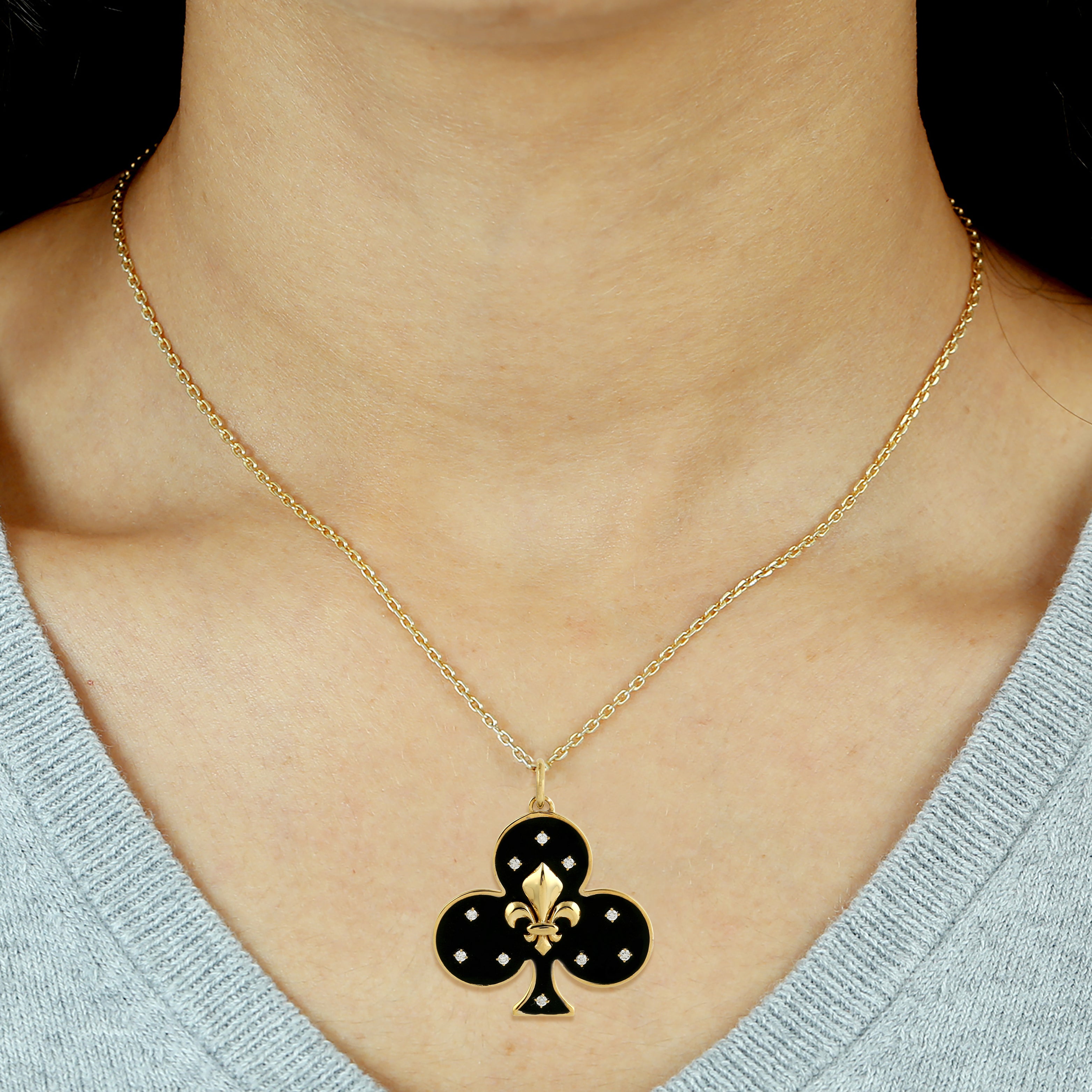 14K Yellow Gold Pave Diamond Playing Card & Fleur De Lis Enamel Pendant Necklace - Elegant Jewelry Gift for Women, Perfect for Valentine's Day, Anniversary & Special Occasions