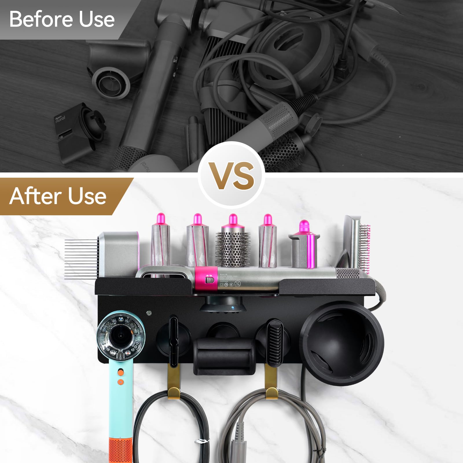 Dyson Airwrap Holder Wall Mounted - 2 in 1 Hair Dryer & Styler Organizer with Magnetic Hook for HD16 Dyson Airwrap | Bathroom Storage Solution for Hair Tools, Curling Irons & Accessories