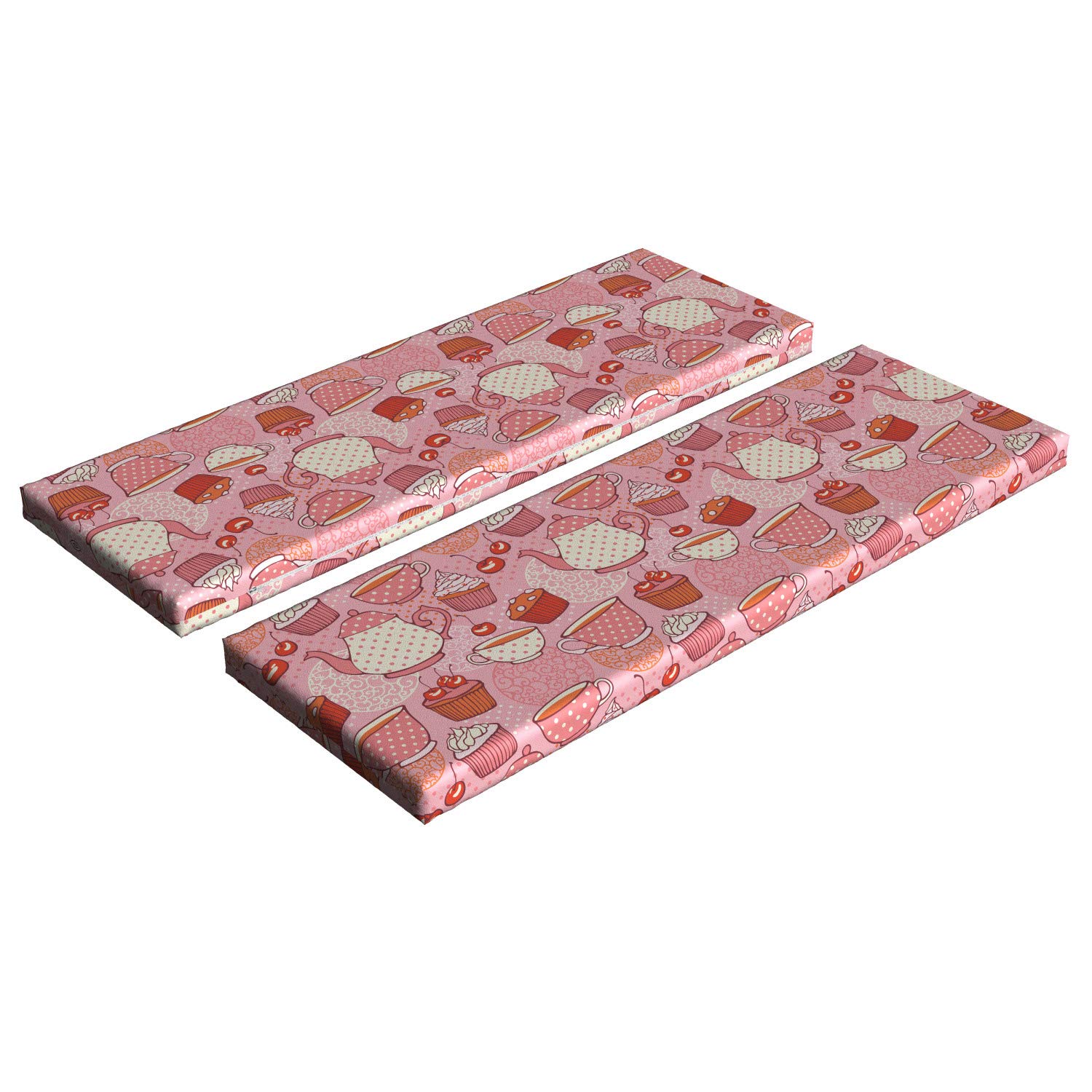Ambesonne 2-Piece Cartoon Bench Cushion Set - Teapot & Cup Design with Polka Dots, Cherries, Cakes Pattern - 45