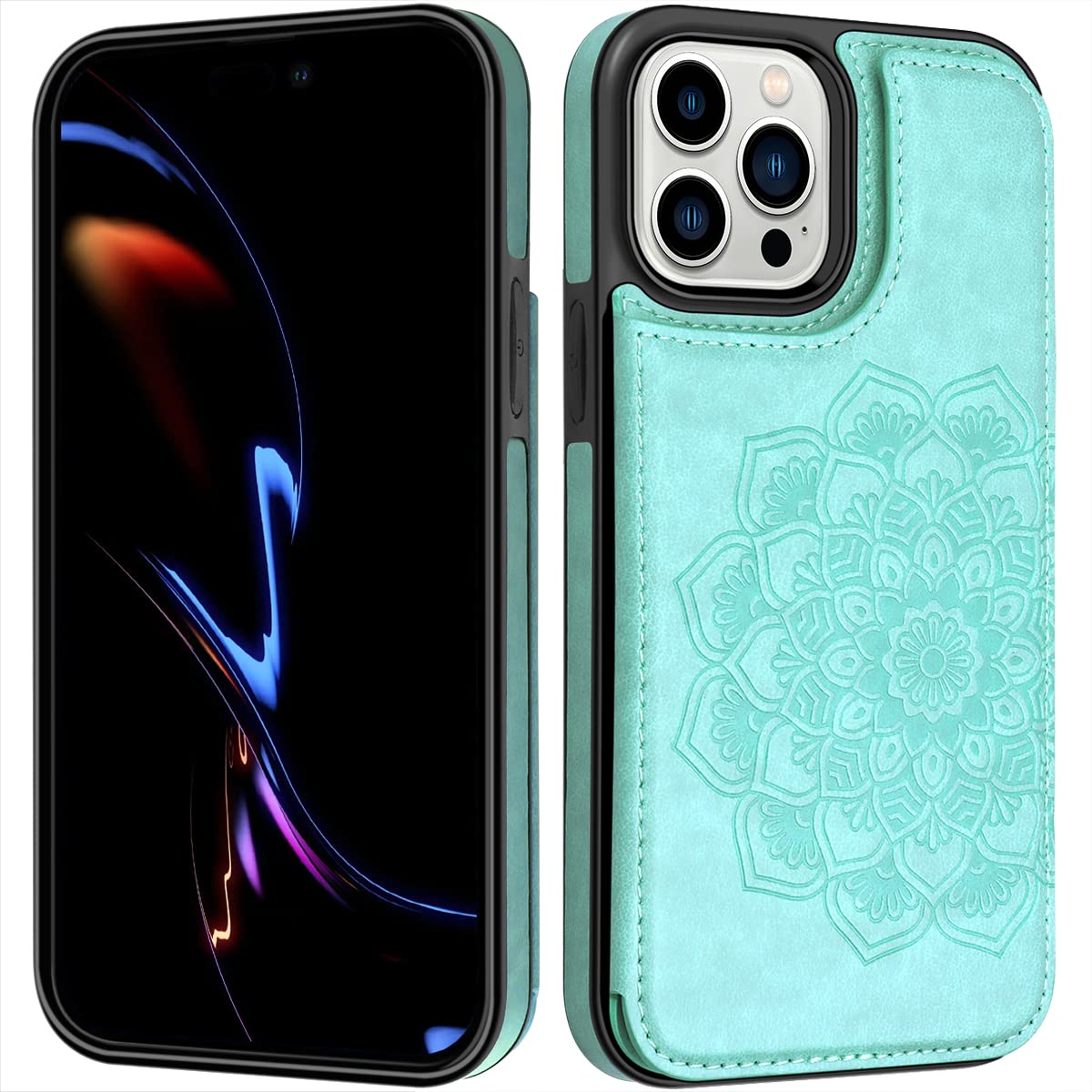 MMHUO Magnetic Wallet Case for iPhone 14 Pro - Flower Design Flip Cover with Card Holder & Strong Protection | Slim Protective Phone Case for Women | Perfect for Everyday Use, Travel & Shopping (Mint Green)