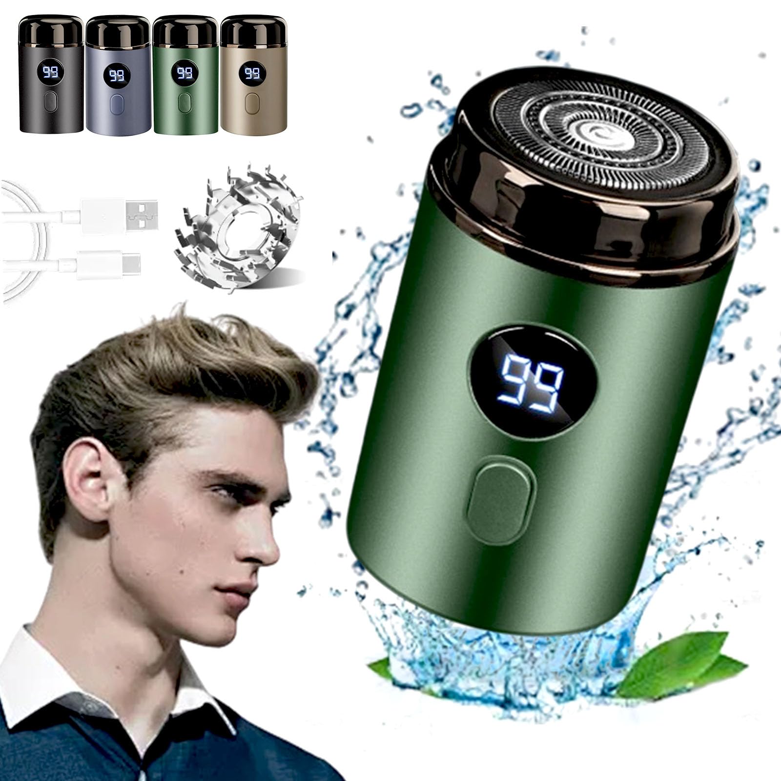 Timeatea Mini Portable Electric Shaver for Men - 3D Floating Head, IPX7 Waterproof, Digital Display, Cordless Travel Razor - Perfect for Home, Office, Gym & Travel Use (Green)