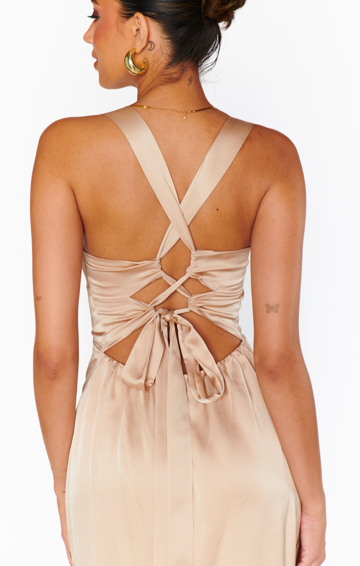 Mina Midi Dress - Elegant Champagne Luxe Satin Formal Dress for Women | Perfect for Weddings, Parties & Evening Events