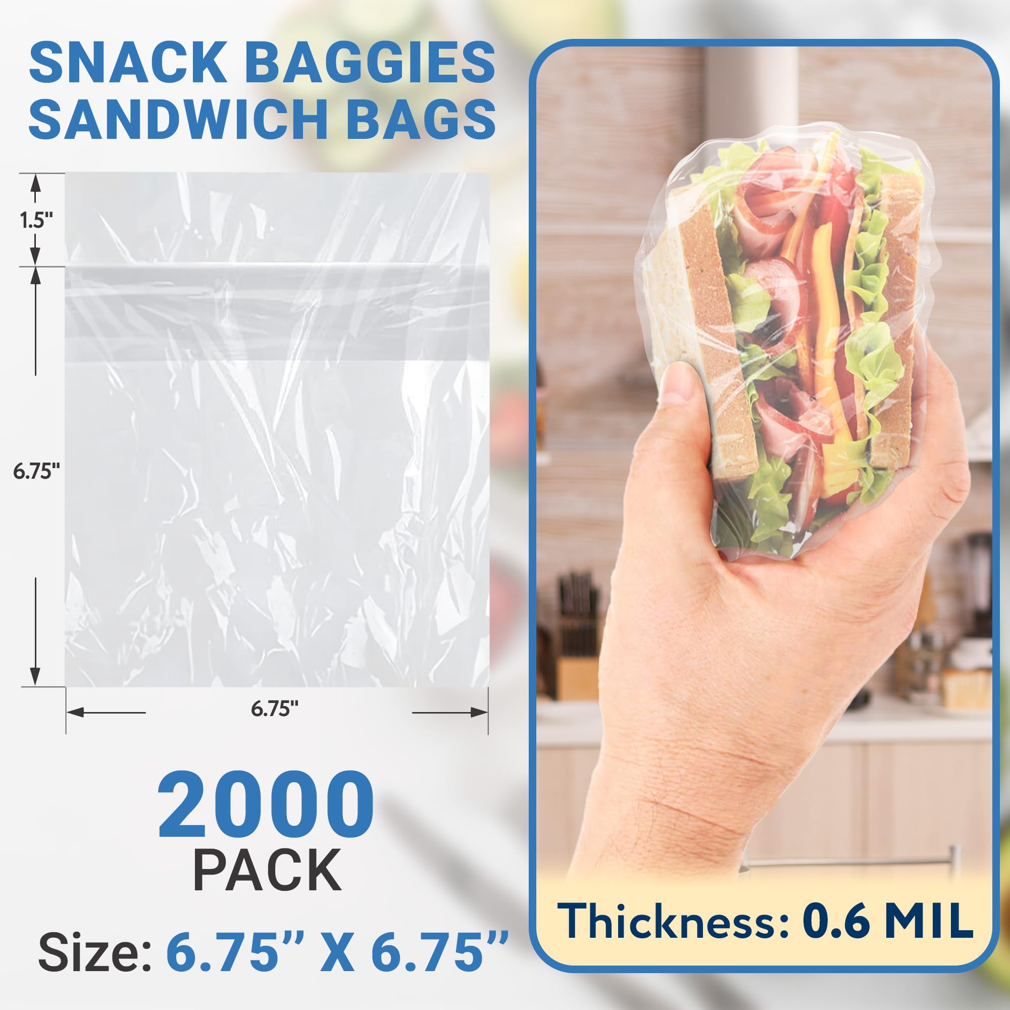 APQ Fold Top Sandwich Bags - 6.75 x 6.75 Inch Clear Snack Baggies (Pack of 2000) | 0.6 Mil Polyethylene Bulk Sandwich Bags | Perfect for School Lunches, Picnics & Food Storage
