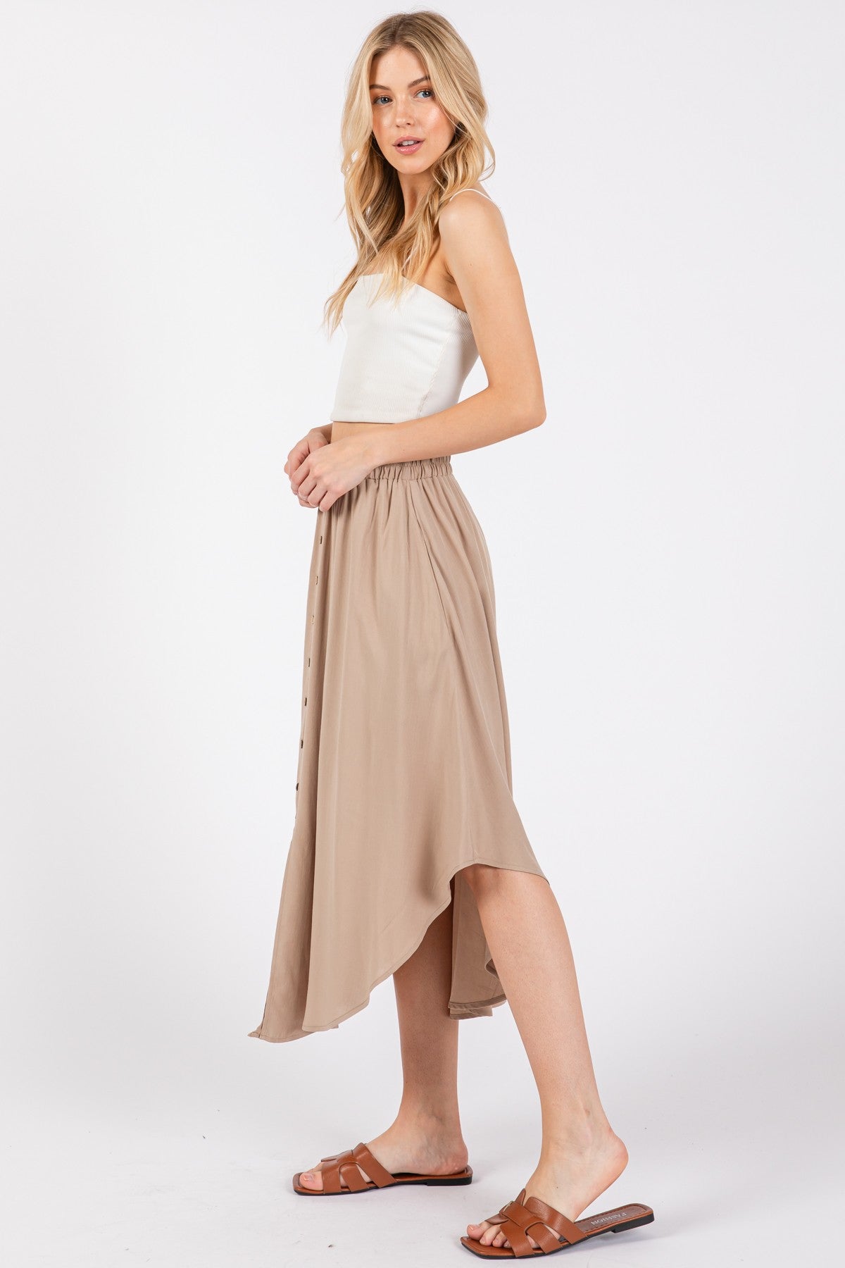 Stylish Beige Button Accent Round Hem Midi Skirt for Women | Flowy A-Line Summer Skirt | Perfect for Office, Date Night & Casual Outfits