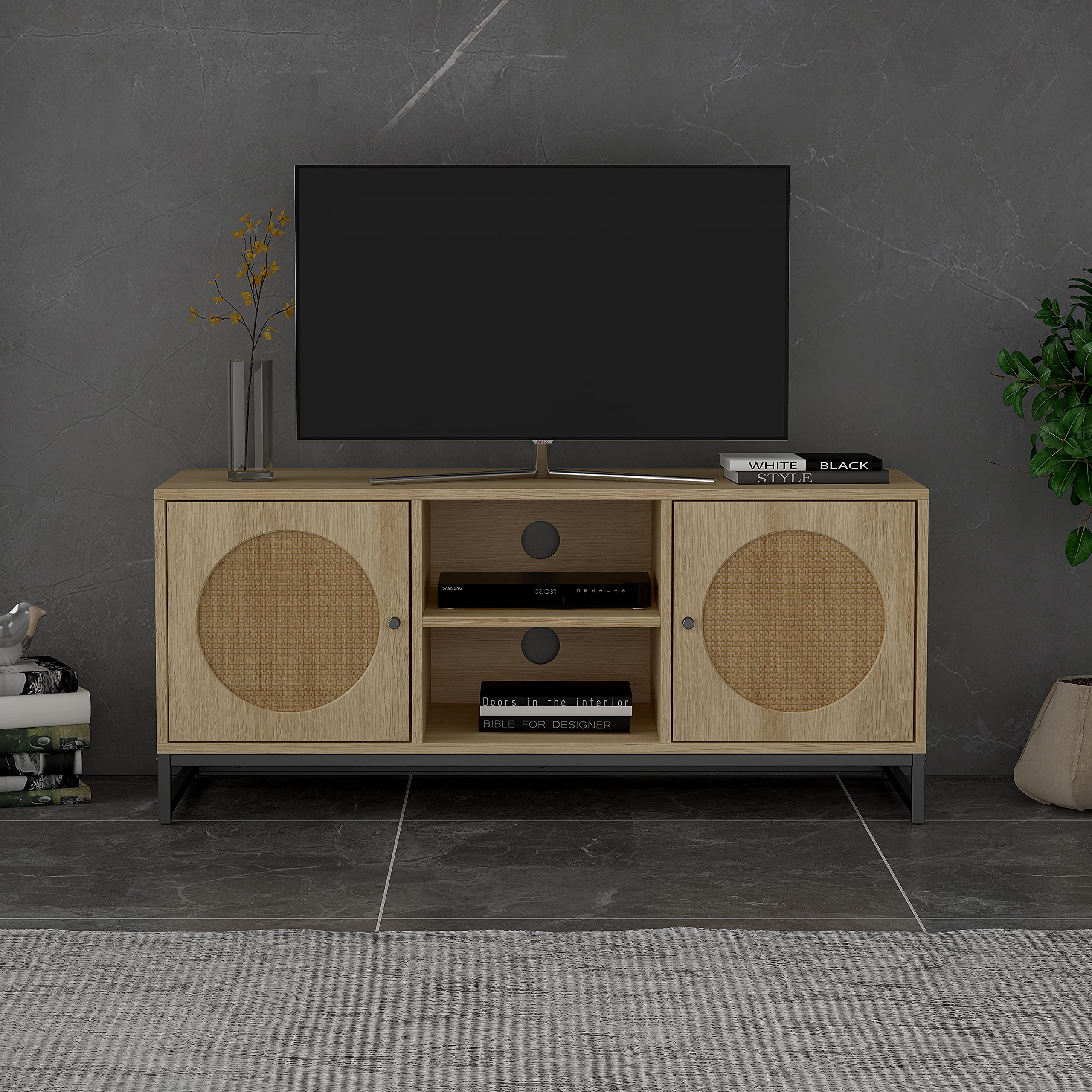 Farmhouse Rattan TV Stand with Storage - 47.2