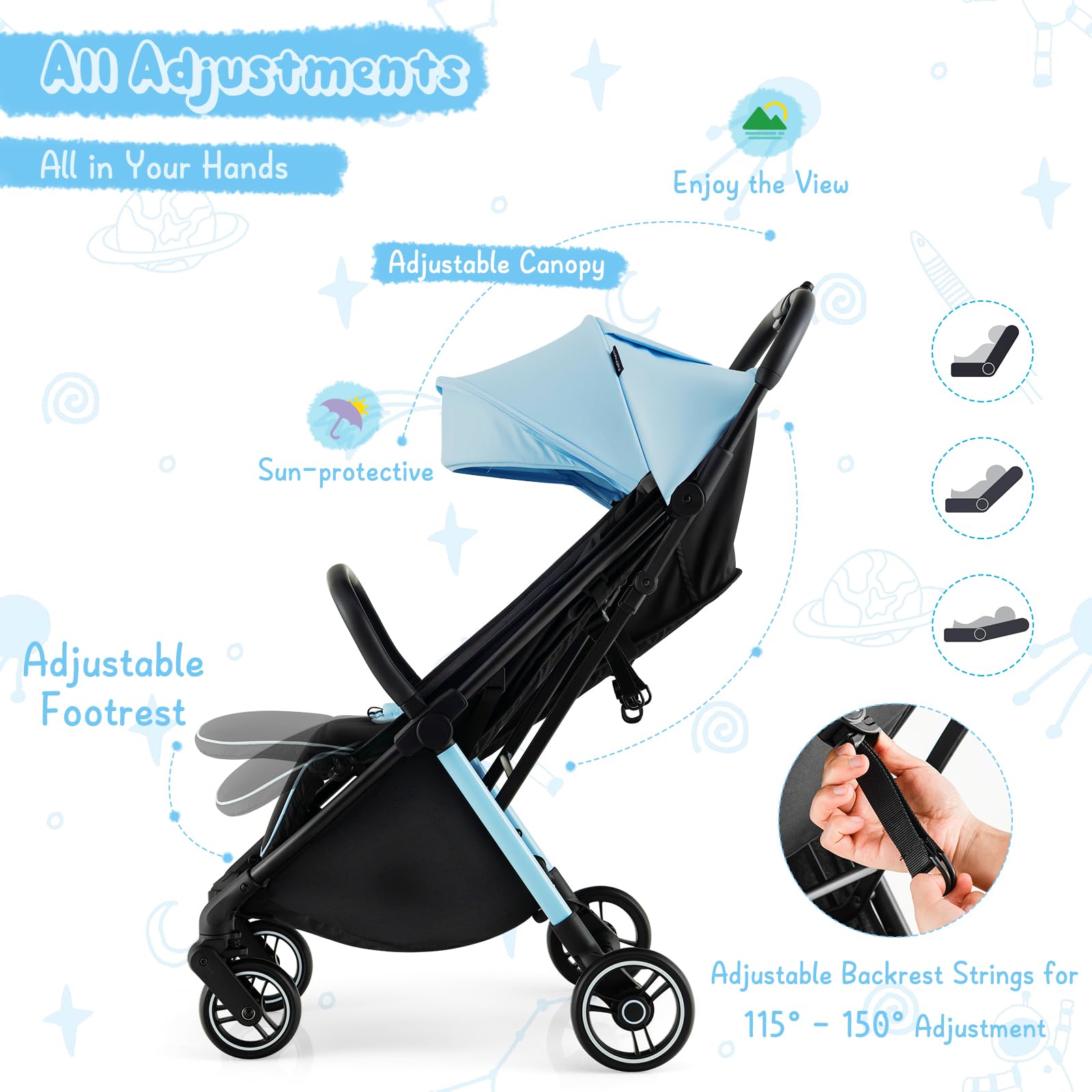 HONEY JOY Lightweight Baby Stroller - Compact Travel Stroller for Airplane, Fits in Cabin & Overhead Bin | One-Hand Gravity Fold, Self-Standing Toddler Stroller with Adjustable Backrest & Canopy (Blue) | Perfect for Air Travel, Shopping, and Daily Walks
