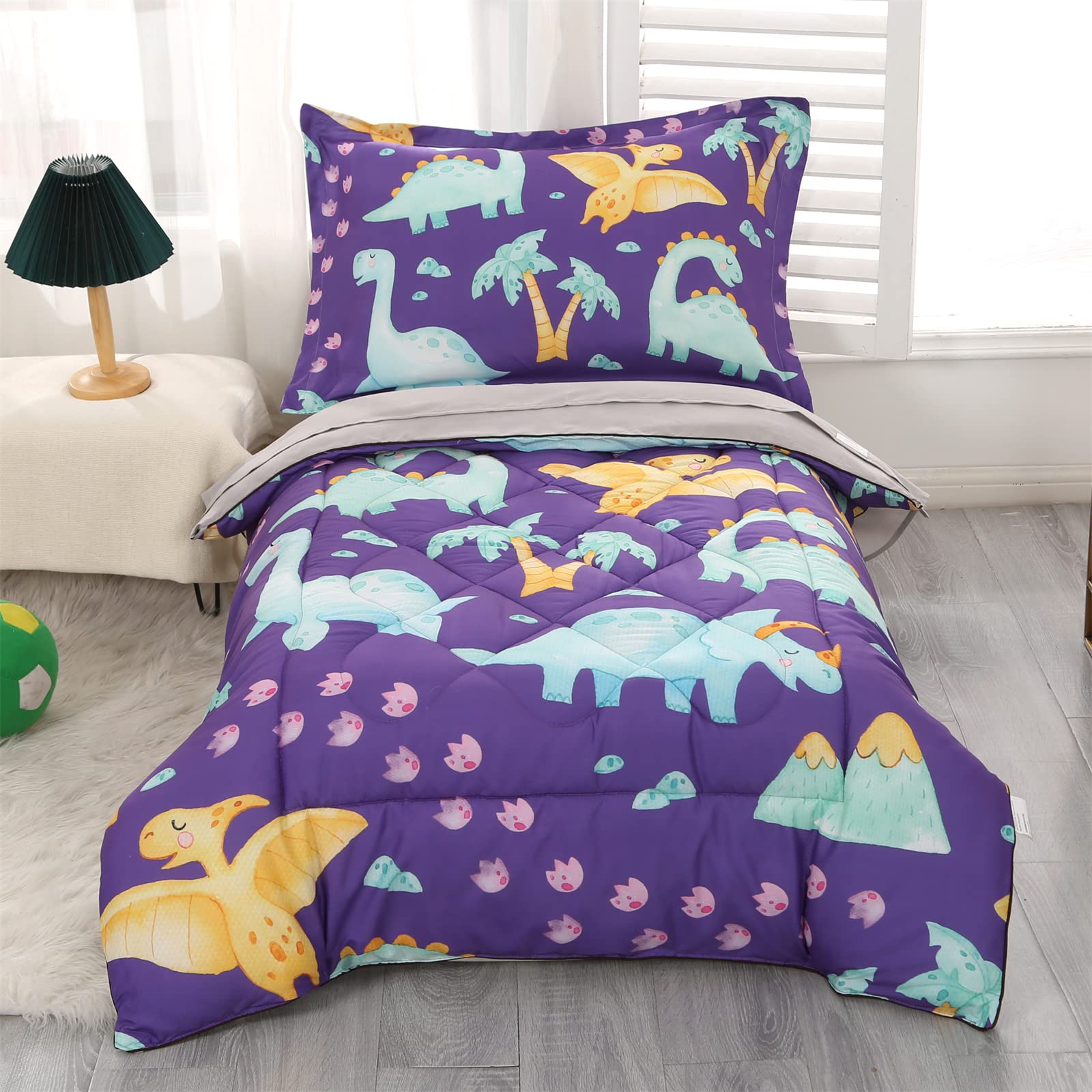 Wowelife Dinosaur Toddler Bedding Set for Boys - Premium 4 Piece Comforter Set (Flat Sheet, Fitted Sheet, Comforter & Pillowcase) - Soft Purple Dino Themed Bedding for Kids Room Decor & Cozy Nursery Sleep