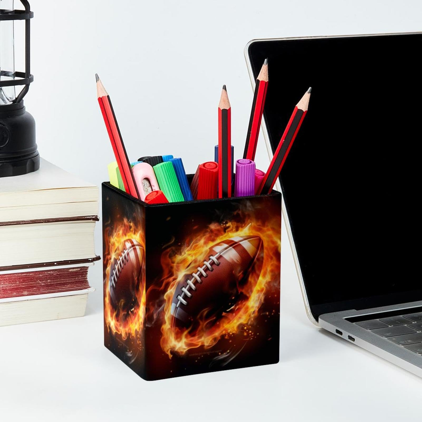 Premium Desk Pen Holder & Pencil Organizer - American Football and Fire Design - Office Supplies for Home, School, and Office Organization