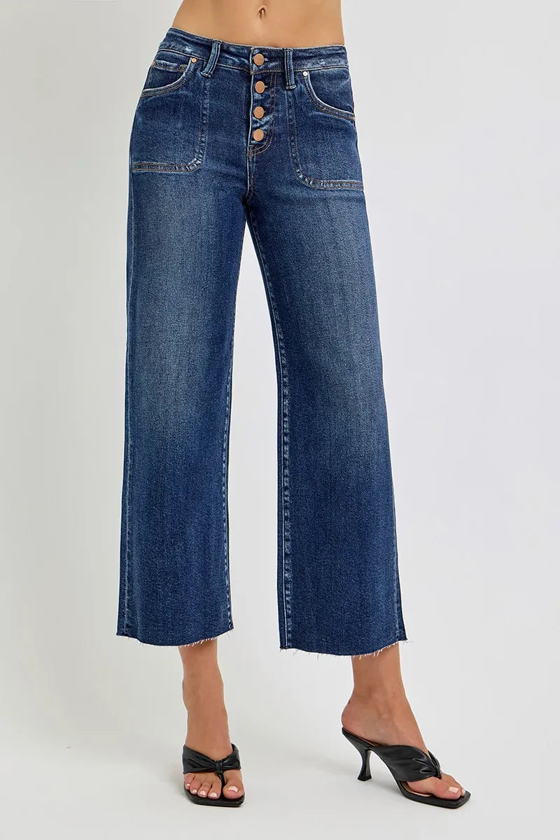 RISEN High Rise Crop Wide Leg Button Up Jeans for Women - Trendy Distressed Denim Pants for Casual Outfits & Street Style Fashion
