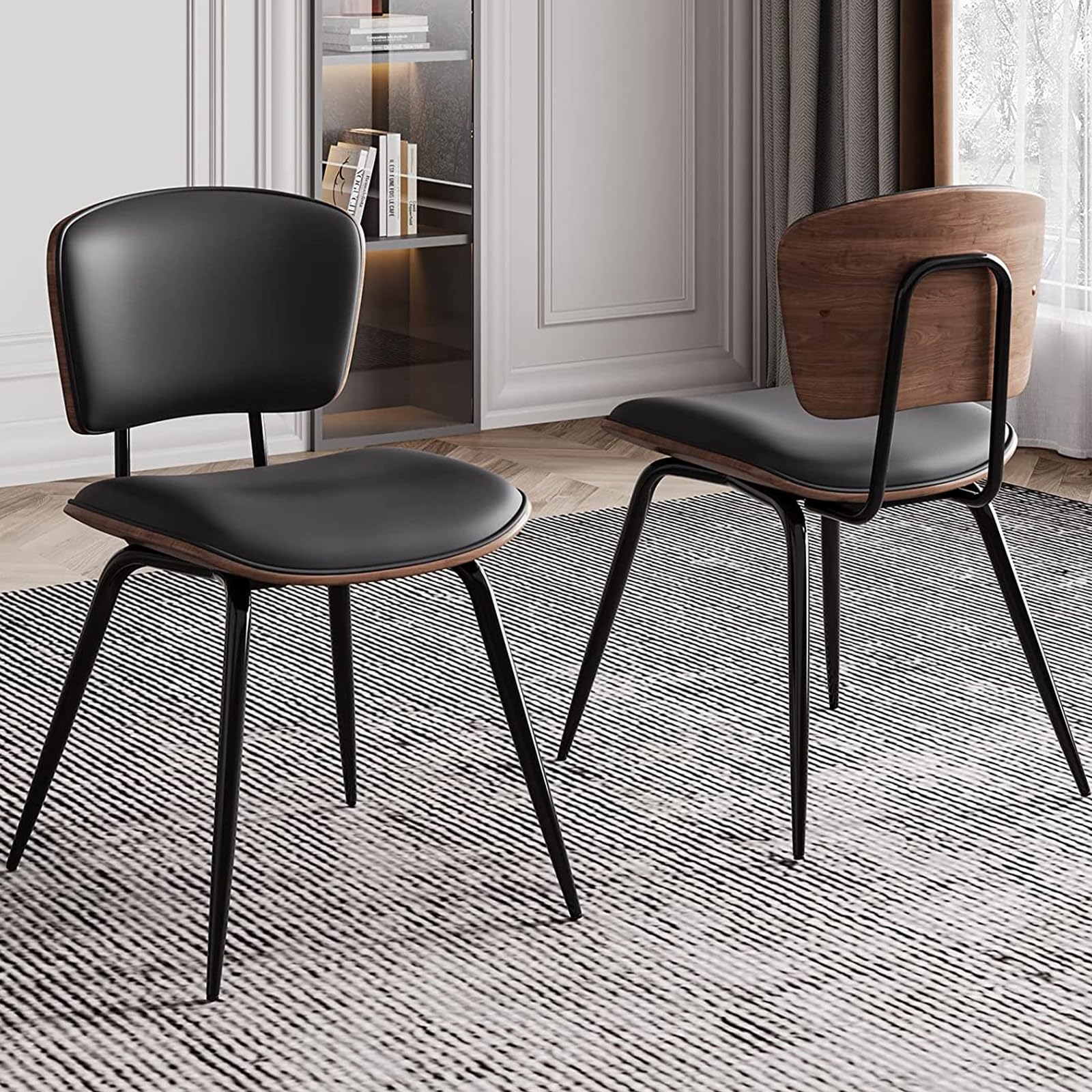 Stylish AQG Mid Century Modern Dining Chairs Set of 2 - Genuine Leather Upholstery with Bentwood Backrest & Sturdy Metal Legs - Perfect for Dining Room, Kitchen, Breakfast Nook & Home Decor