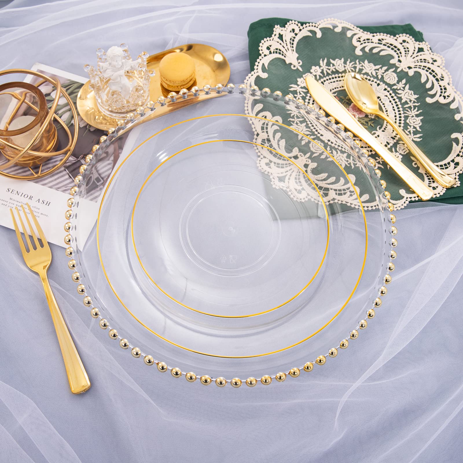 125-Piece Clear Gold Plastic Dinnerware Set - 25 Gold Rimmed Plates, 25 Dessert Plates, 25 Forks, 25 Knives, 25 Spoons - Elegant Disposable Tableware for Weddings, Parties, Christmas & Holiday Celebrations