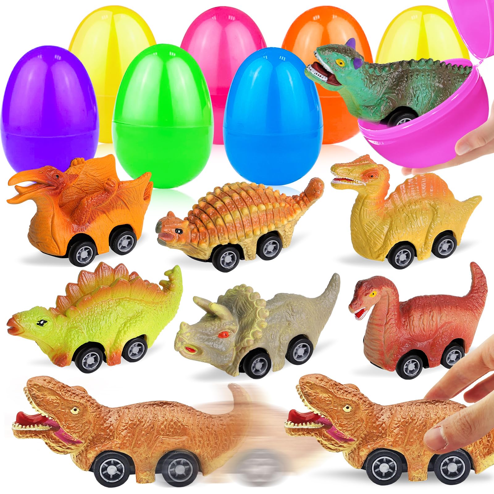 8 Pack Easter Eggs with Pull Back Dinosaur Cars - Fun Dinosaur Toys Inside for Kids & Toddlers - Perfect for Easter Basket Stuffers, Classroom Prizes, Easter Egg Hunts & Birthday Party Favors