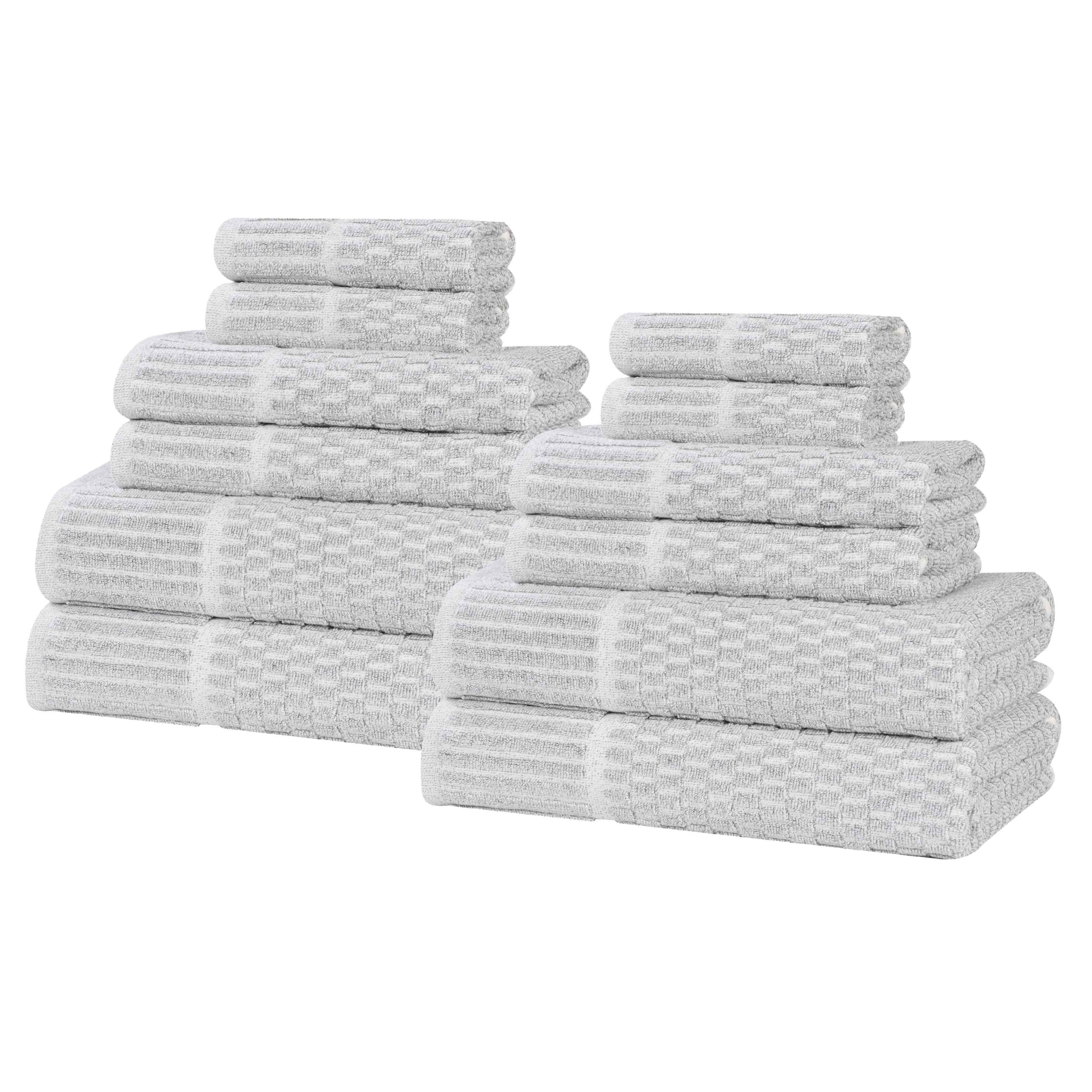 Premium 12-Piece Cotton Blend Checkered Border Towel Set - Soft, Absorbent & Medium Weight - Perfect for Bathroom, Spa & Guest Use