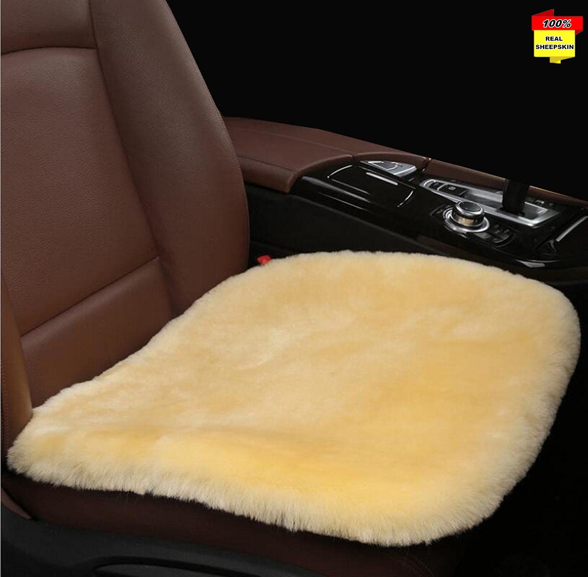 Premium Natural Sheepskin Seat Cushion Cover - Genuine Wholehide Short Wool Car Seat Pad - Universal Fit for Cars, Trucks, SUVs & Vans - Beige Yellow - Enhances Comfort for Long Drives & Cold Weather Protection