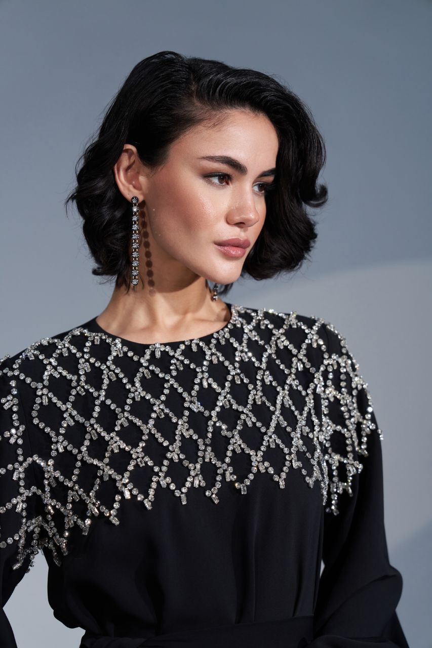 Elegant Rhinestone Embellished Abaya Dress for Women - Available in 3 Colors (Black, Navy, Burgundy) | Perfect for Eid, Weddings & Special Occasions