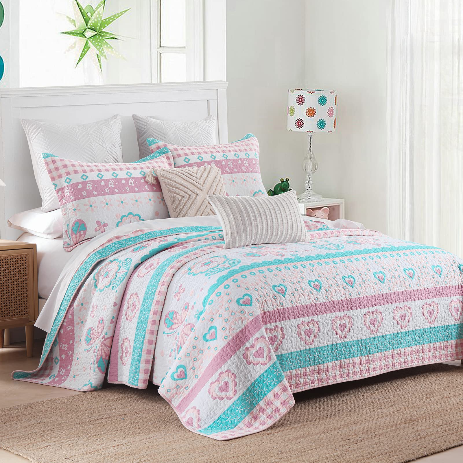 **SahSahCasa 100% Cotton Queen Size Quilt Set - Lightweight Reversible Floral Summer Comforter for Adults & Kids, Light Pink/Sea Green - Perfect for Bedroom, Guest Room, and Dorm Decor**