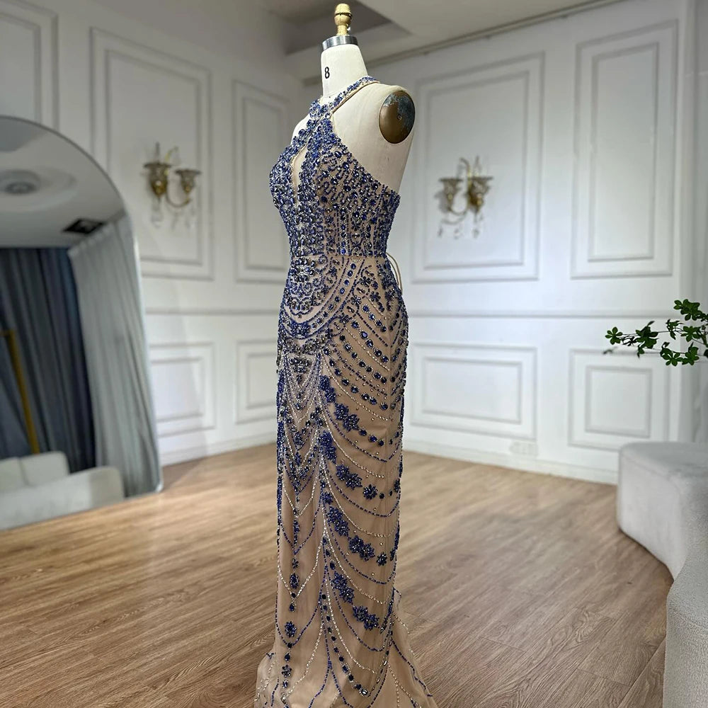 Elegant Blue Halter Neck Crystal Beaded Evening Gown LA72760 - Perfect for Prom, Gala, and Formal Events