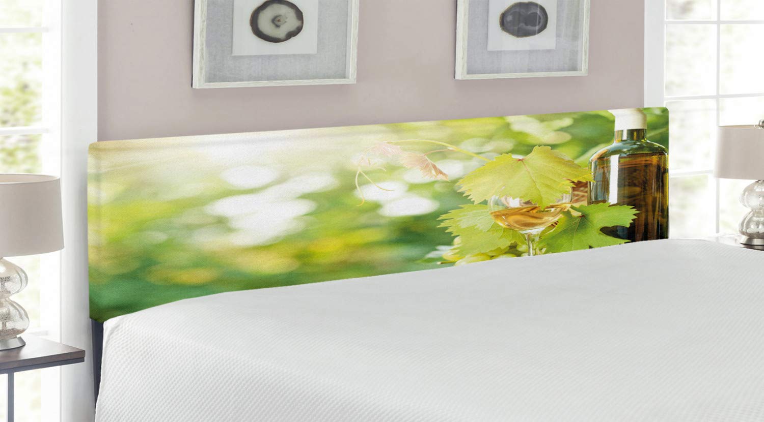 Ambesonne King Size Upholstered Wine Headboard - Decorative Metal Bed Frame with Memory Foam, White Wine Bottle & Grape Vine Design in Green Spring Colors (Pale Green/Yellow/Brown) | Perfect for Bedroom Makeovers, Vineyard-Themed Decor & Luxury Master Suites