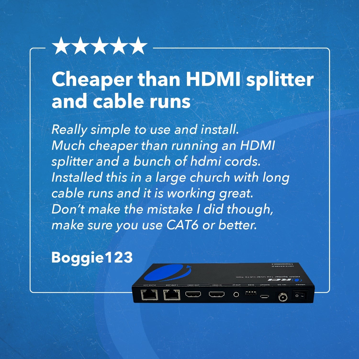 1x2 HDMI Extender Splitter Over CAT6/7 Cable - 165ft Range with Loop Out, IR Control & EDID (HD12 EX165 K) - Perfect for Home Theater, Conference Rooms & Multi-Display Setups