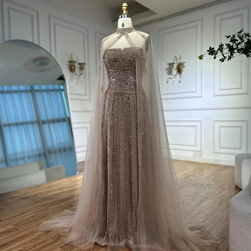 Elegant Beaded A-Line Evening Gown with Caramel Color - Perfect for Dubai Parties, Red Carpet Events & Formal Occasions | Style LA72873