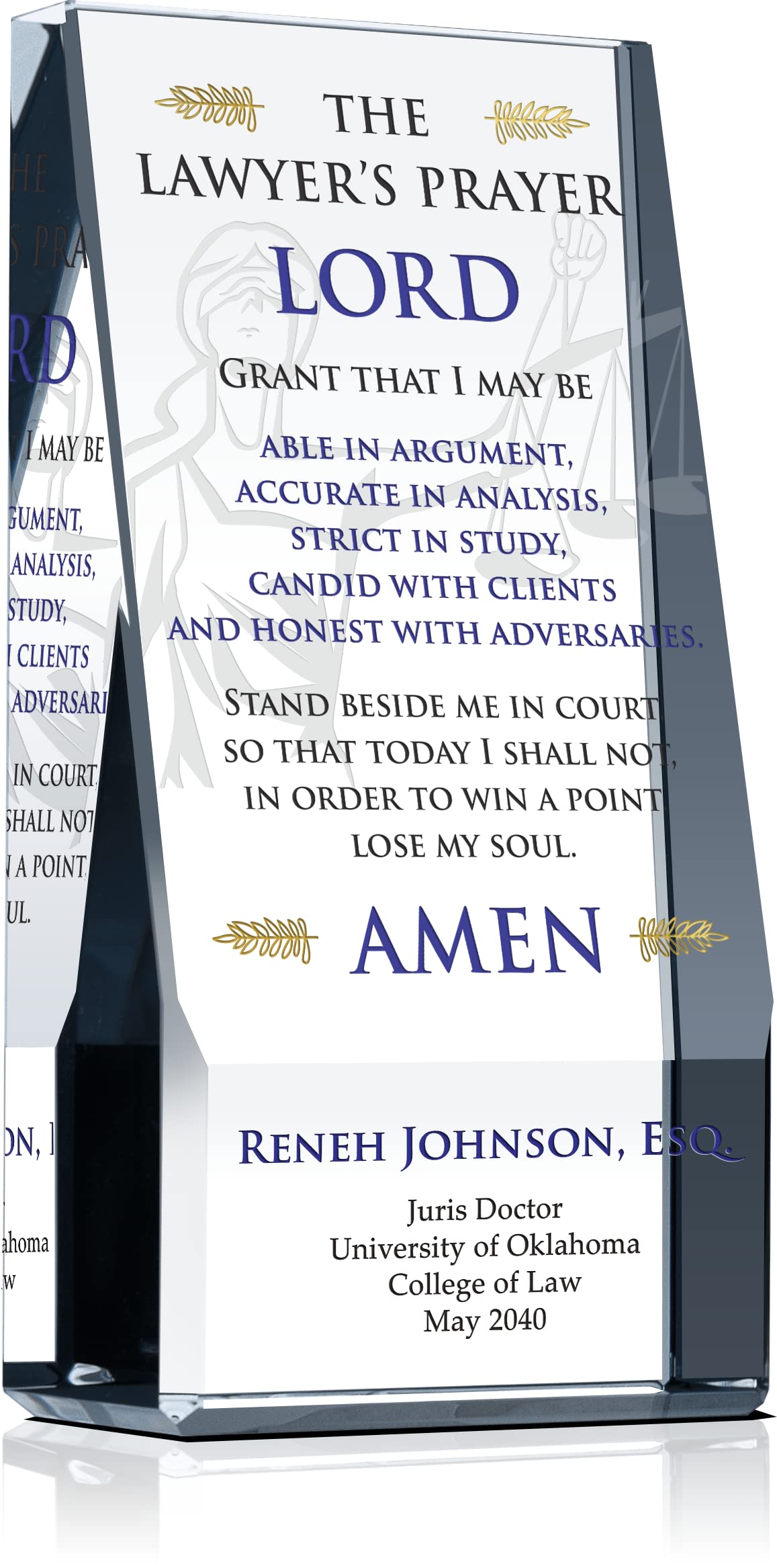 Personalized Crystal Lawyer's Prayer Plaque - 8