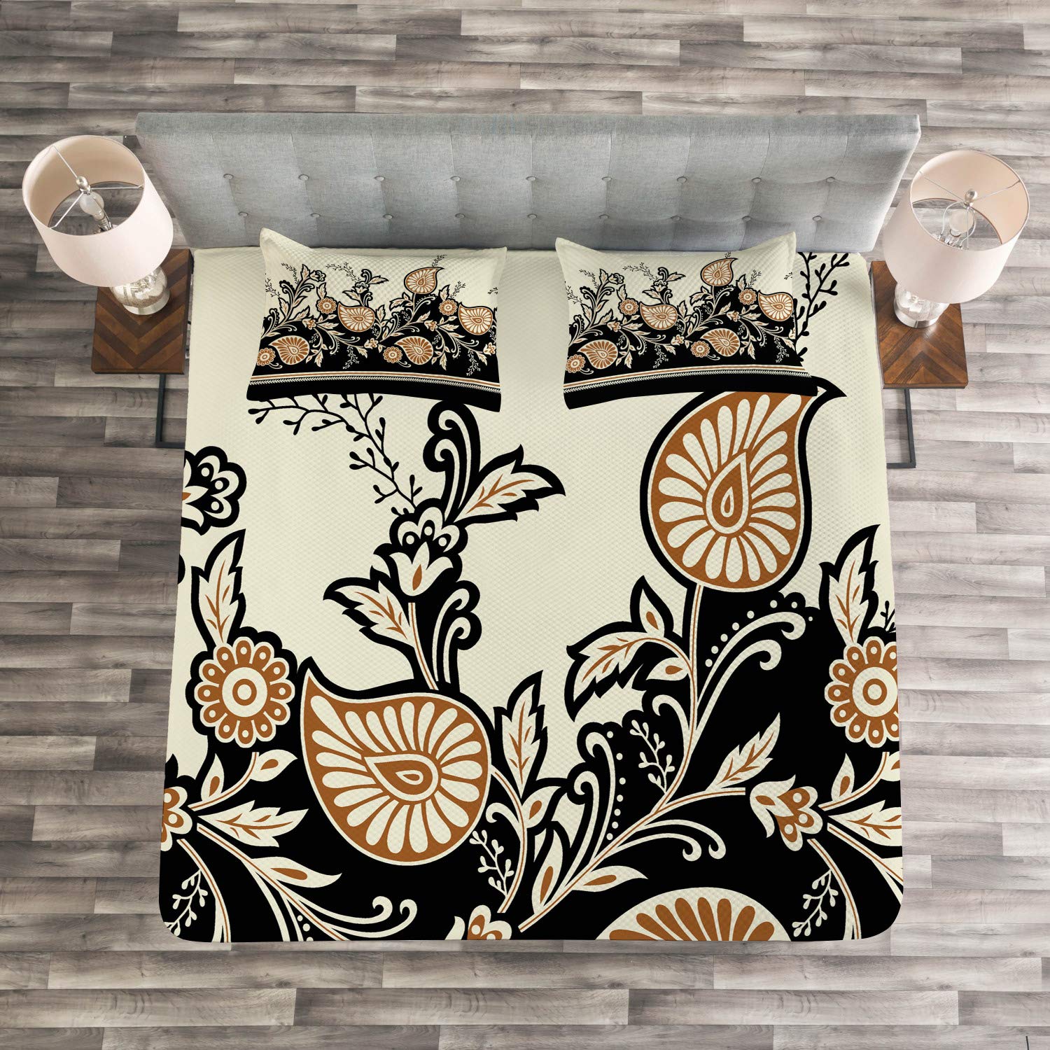 Ambesonne Brown Paisley Bedspread Set - King Size 3-Piece Quilted Coverlet with 2 Pillow Shams | Traditional Floral & Folkloric Print in Eggshell Charcoal Grey | Perfect for Master Bedroom, Guest Room & Bohemian Home Decor