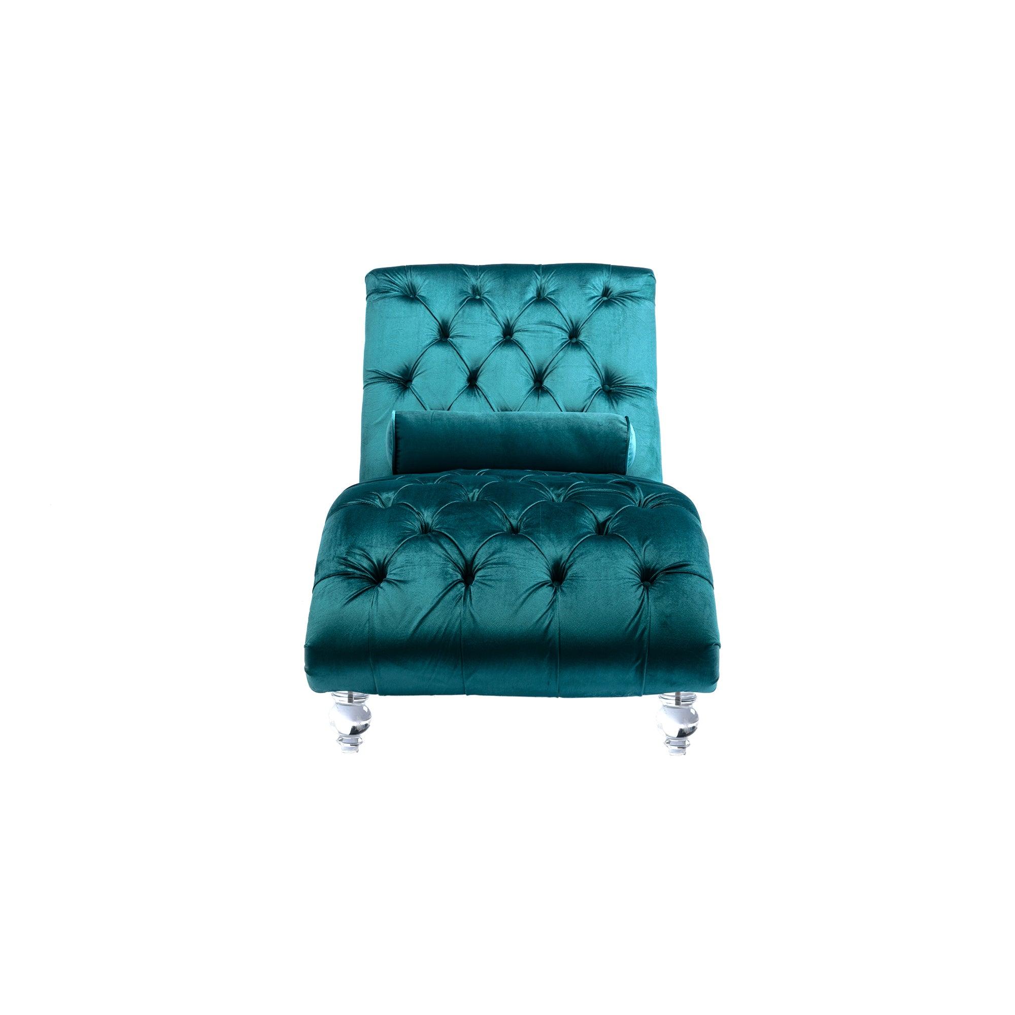 Luxury COOMORE Velvet Chaise Lounge Chair - Button Tufted Upholstered Sofa with Pillow for Bedroom, Living Room & Office - Teal Velvet - Perfect for Reading Nook, Lounge Area & Home Decor