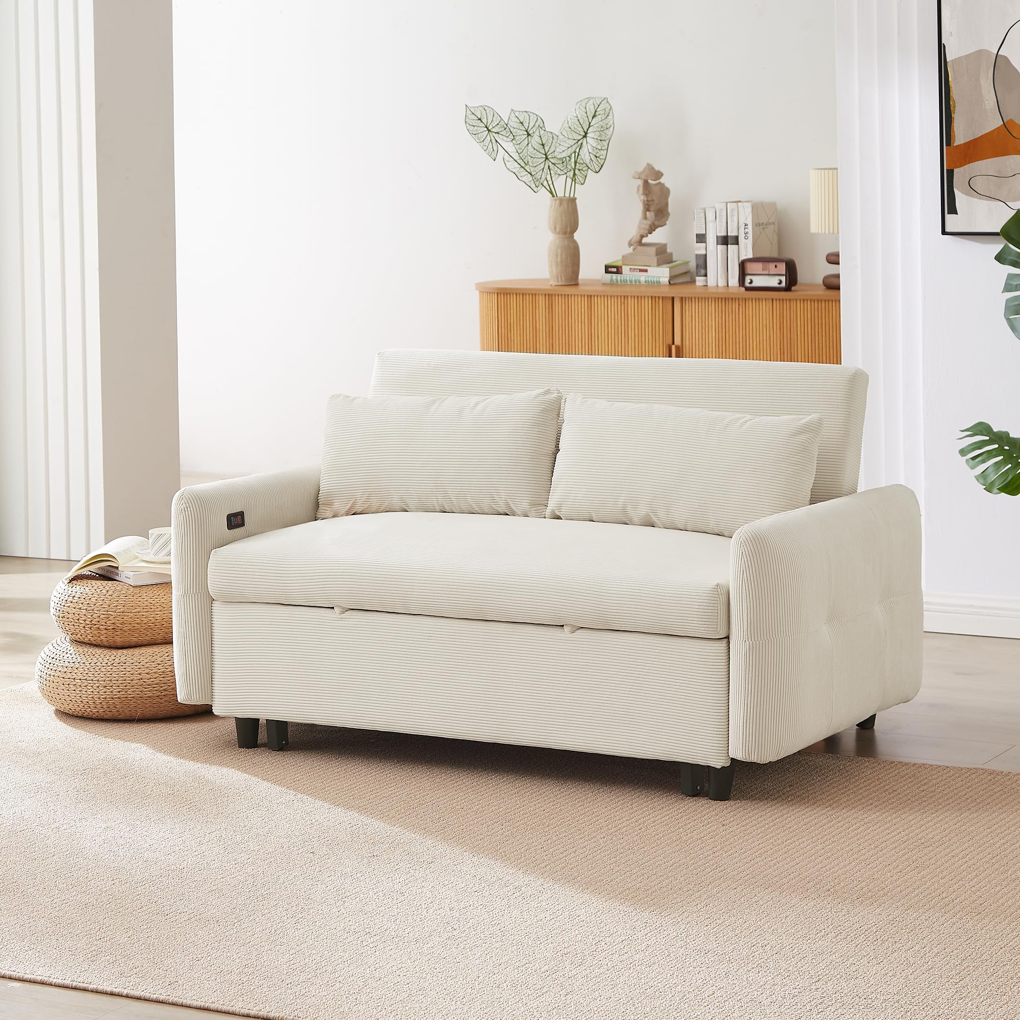 Merax Convertible 2-Seater Pull-Out Sofa Bed with USB Ports & Throw Pillows - Modern Sleeper Loveseat for Small Spaces | Living Room, Guest Room & Studio Apartment Furniture (Beige)