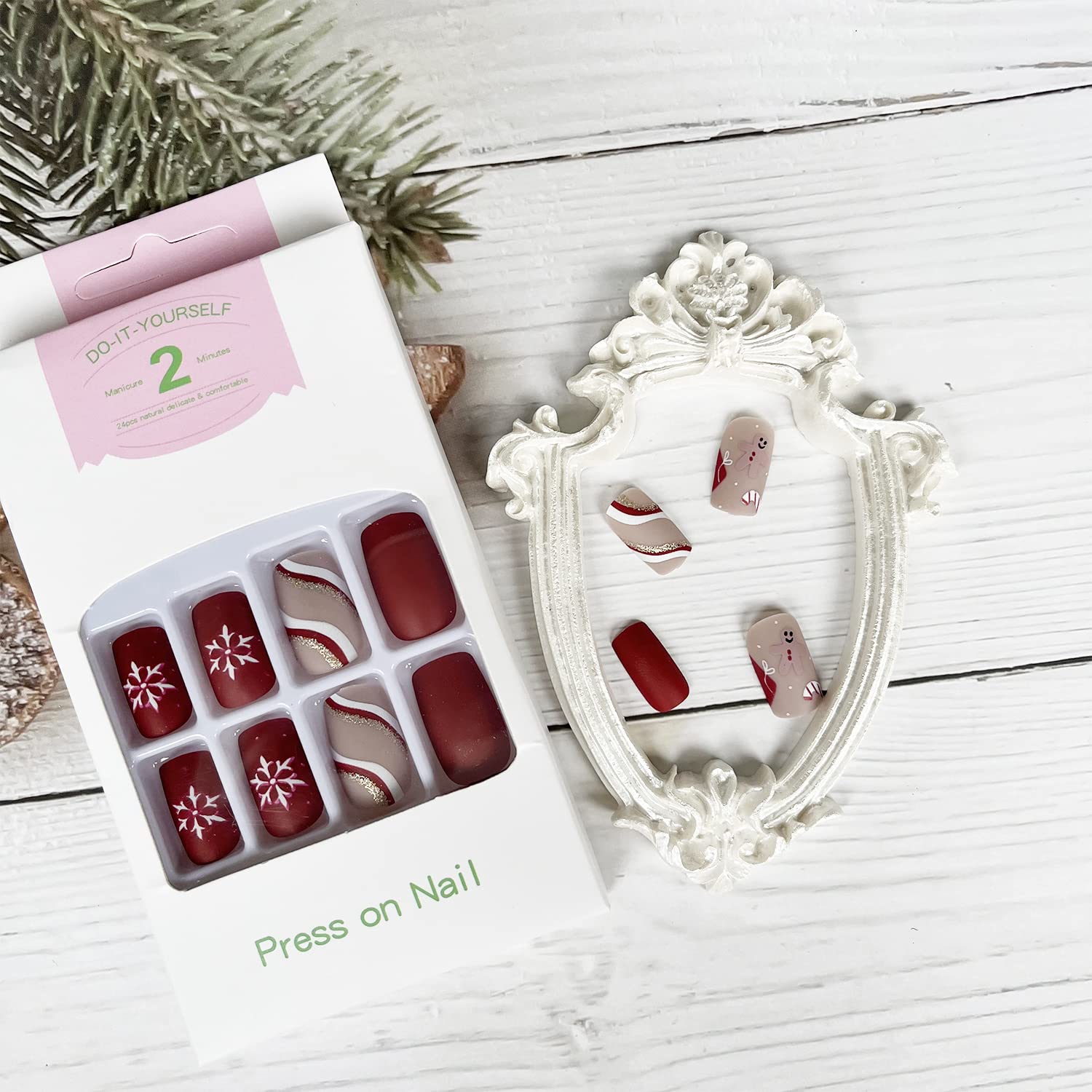 Christmas Press on Nails Medium Length - 24Pcs Matte Acrylic Fake Nails with Nail Glue - Snowflake Sled Stripe Design Artificial Nails for Women & Girls - Perfect for Holiday Parties, Gift Giving & Winter Manicure Decorations (Red)