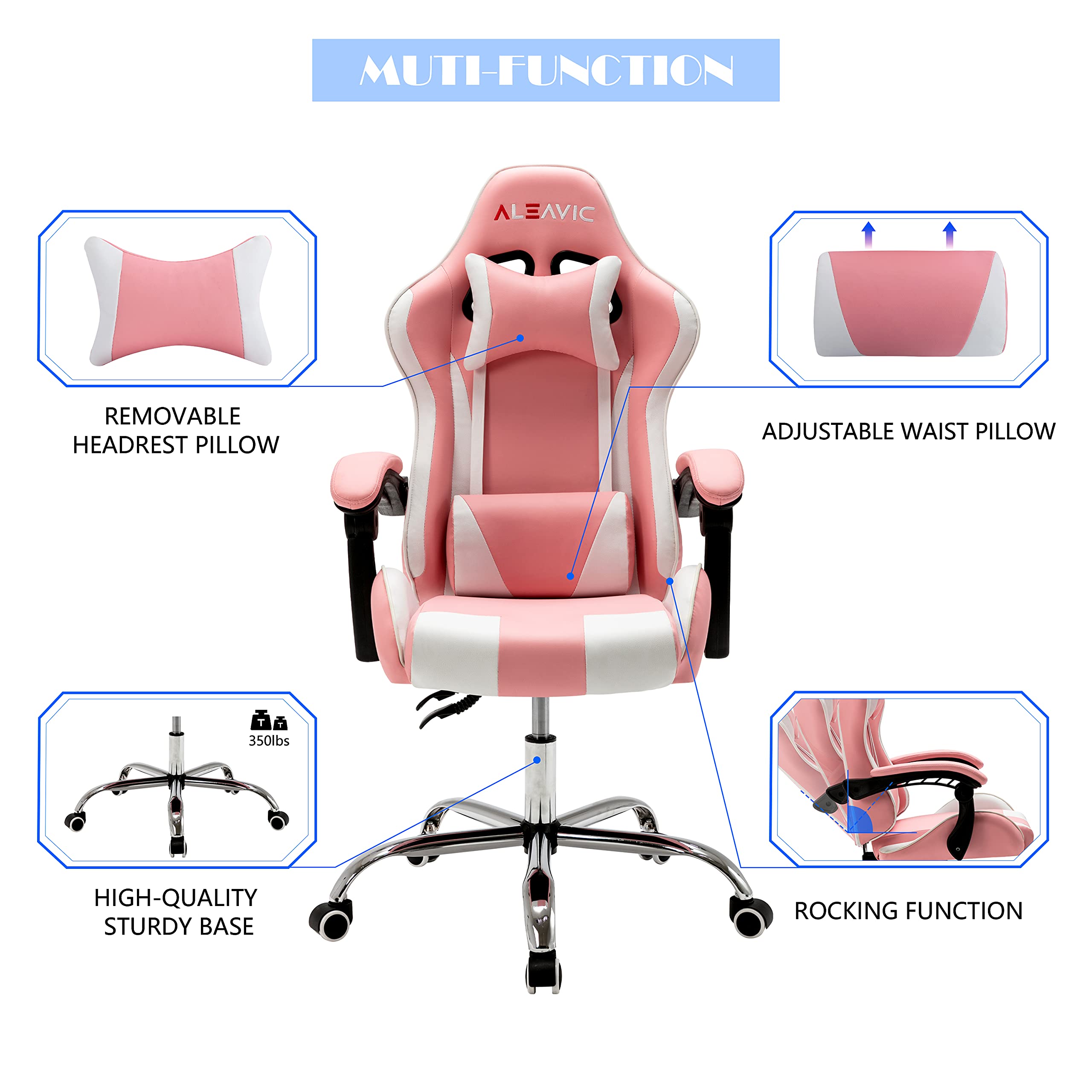 ALEAVIC Ergonomic Gaming Chair for Adults - High Back Computer Chair with Adjustable Headrest & Lumbar Support - Pink & White - Perfect for PC Gaming, Office Work & Home Desk Setup