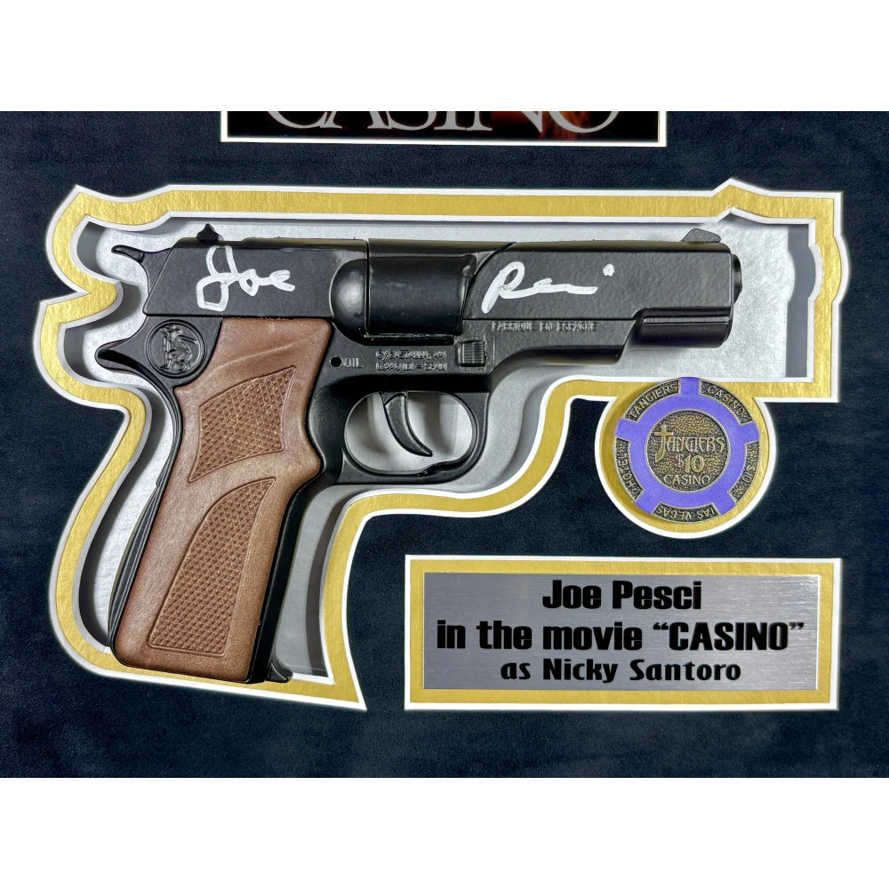 Joe Pesci Autographed Casino Movie Prop Gun with COA - Framed Collectible Memorabilia from Tangiers Las Vegas - Perfect for Movie Fans & Casino Enthusiasts Display
