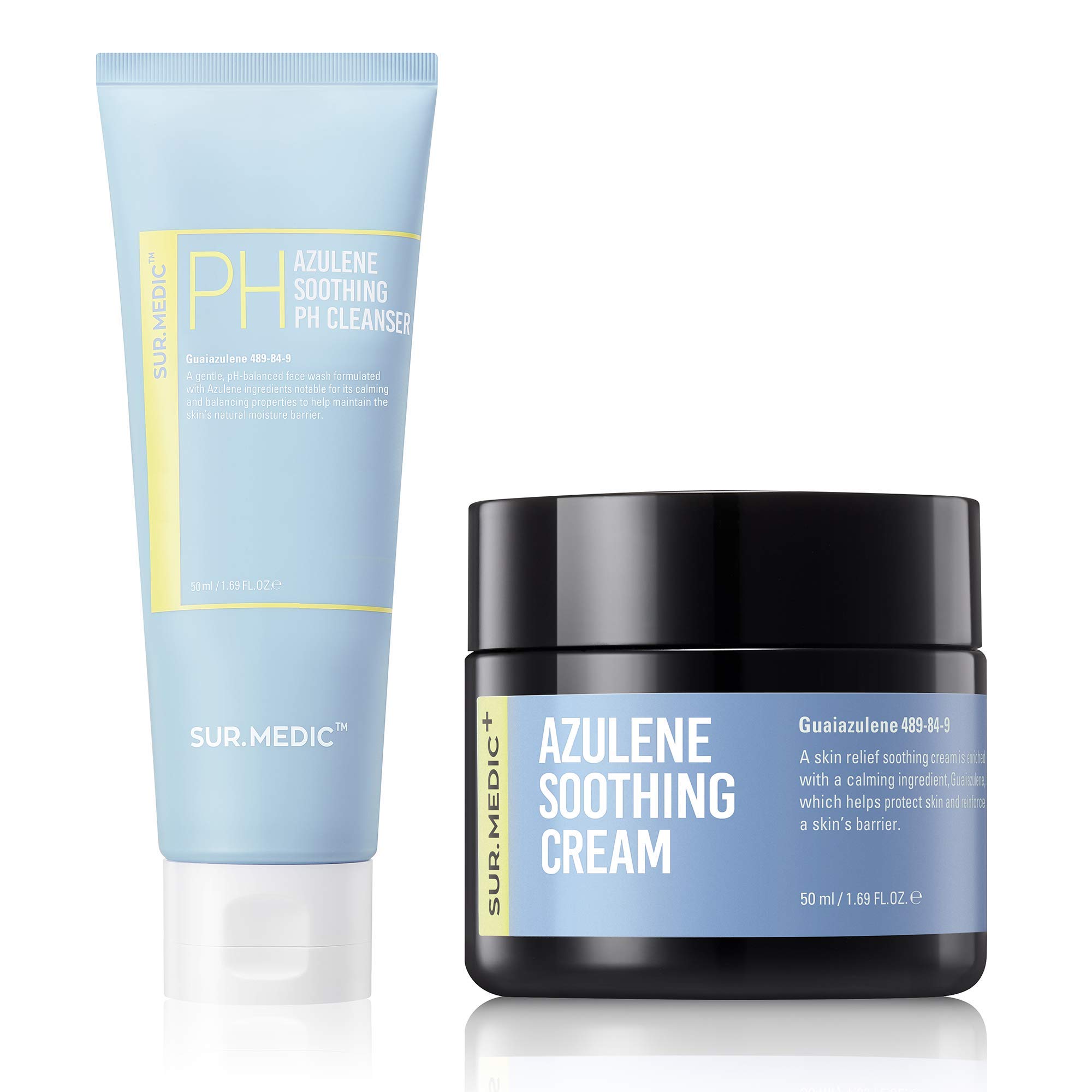 Azulene Soothing Double Skin Care Set for Sensitive Skin - pH Balancing Cleanser & Hydrating Soothing Cream | Korean Skincare Routine for Redness Relief & Post-Cleansing Calm | Perfect for Daily Gentle Face Care & Post-Treatment Skin Recovery
