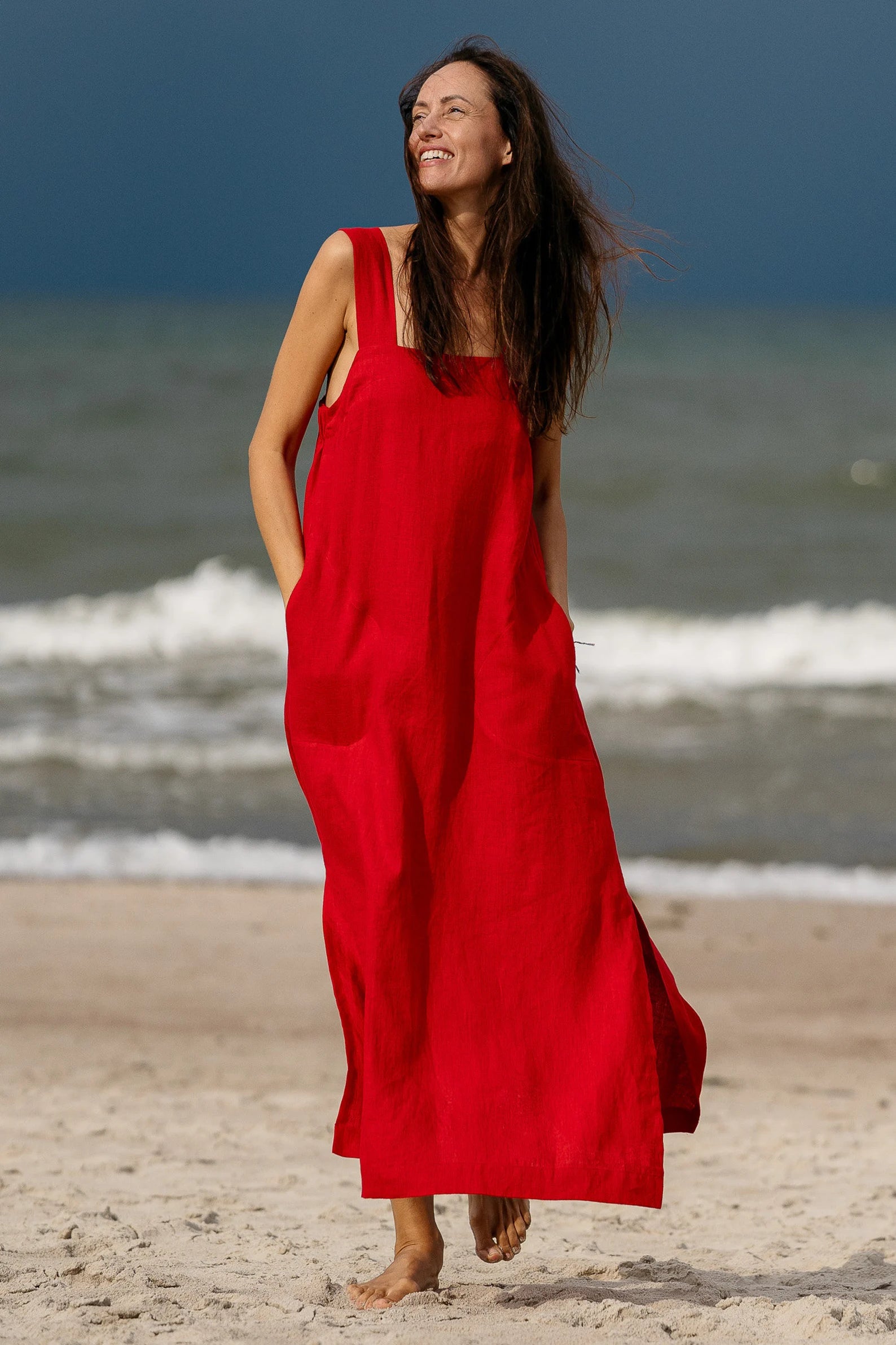ADELE Linen Strap MAXI Dress in Red - Flowy Summer Dress for Beach, Vacation & Casual Outings