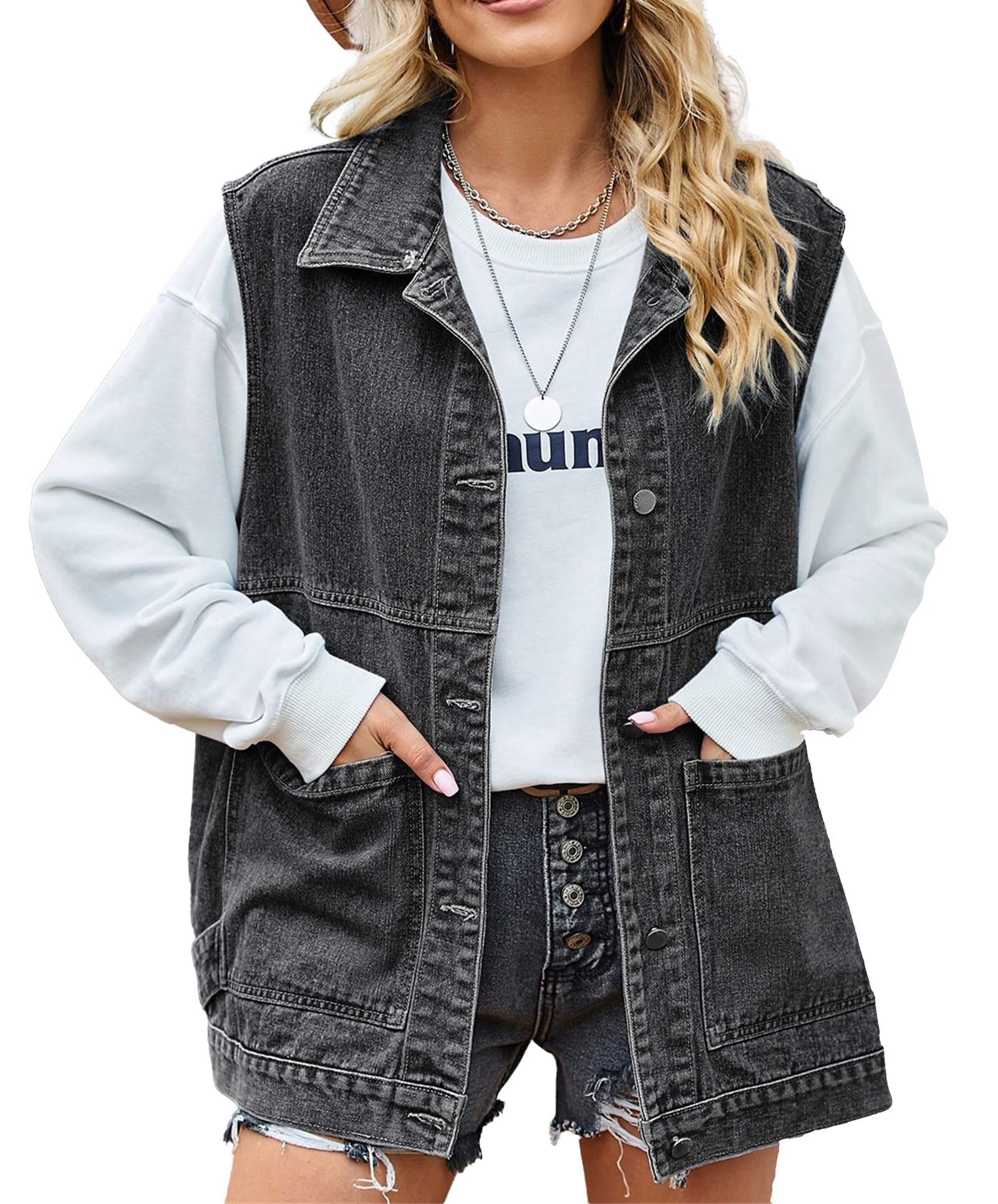 Uposiut Women's Oversized Distressed Denim Vest - Long Sleeveless Jean Jacket for Casual Outfits & Layering | Perfect for Spring, Fall & Outdoor Activities