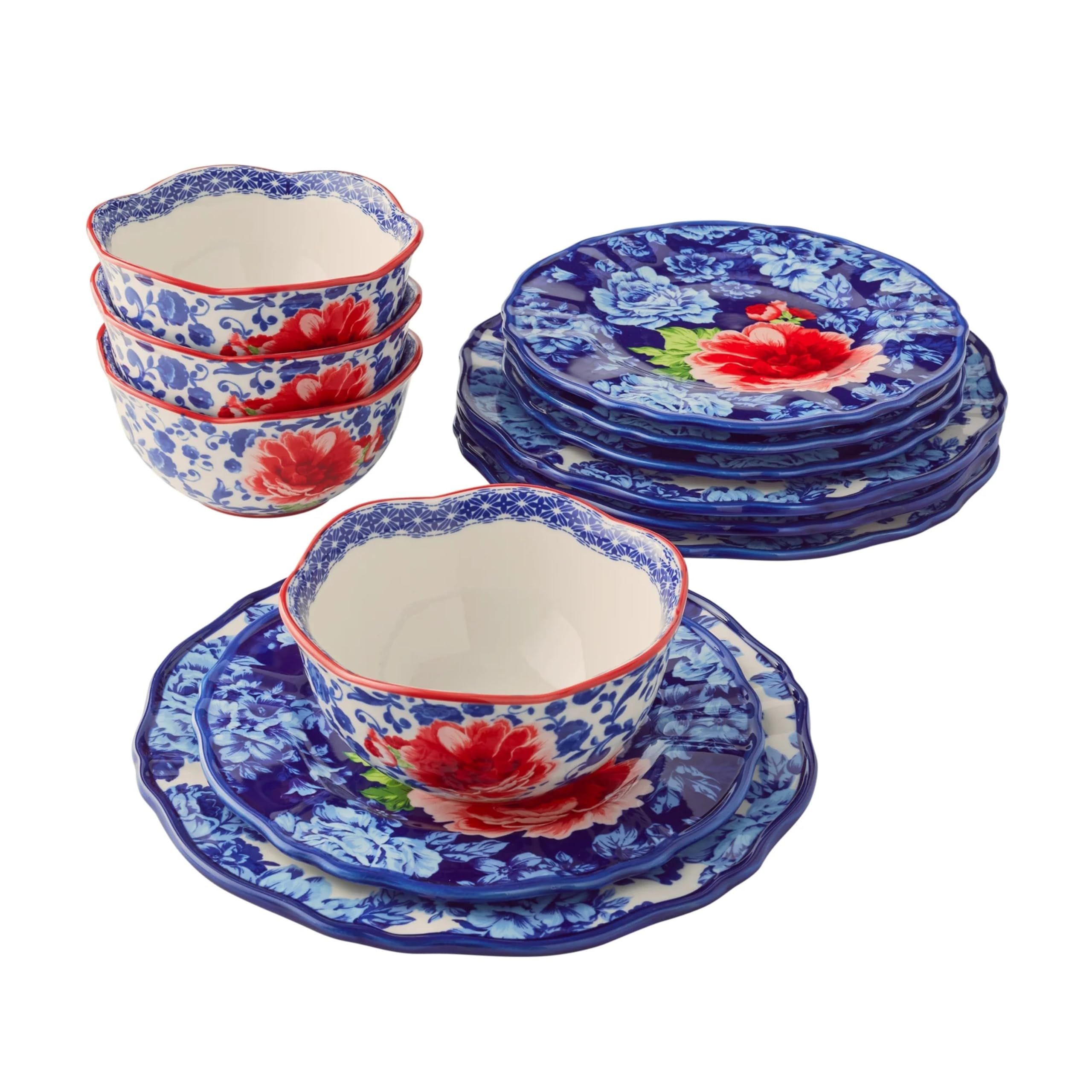 Heritage Floral 12-Piece Dinnerware Set - Stoneware Plates & Bowls, Microwave & Dishwasher Safe - Perfect for Family Dinners & Entertaining Guests