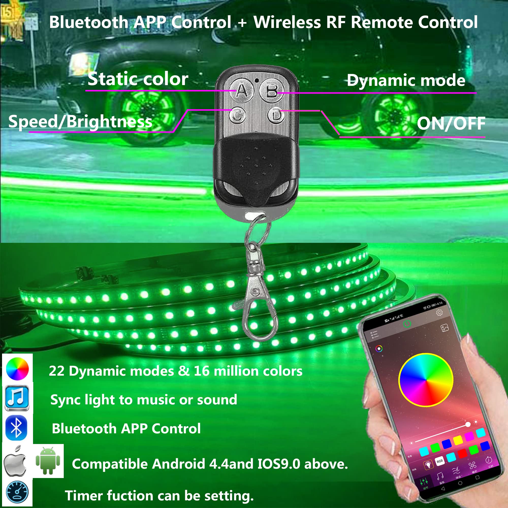 4Pcs 15.5in RGBW LED Wheel Ring Lights with Brake Function & White Courtesy Light - Waterproof Wheel Well Rim Lights for Trucks, SUVs, Cars - Wireless RF Remote & App Control - Perfect for Off-Roading, Car Shows & Night Driving