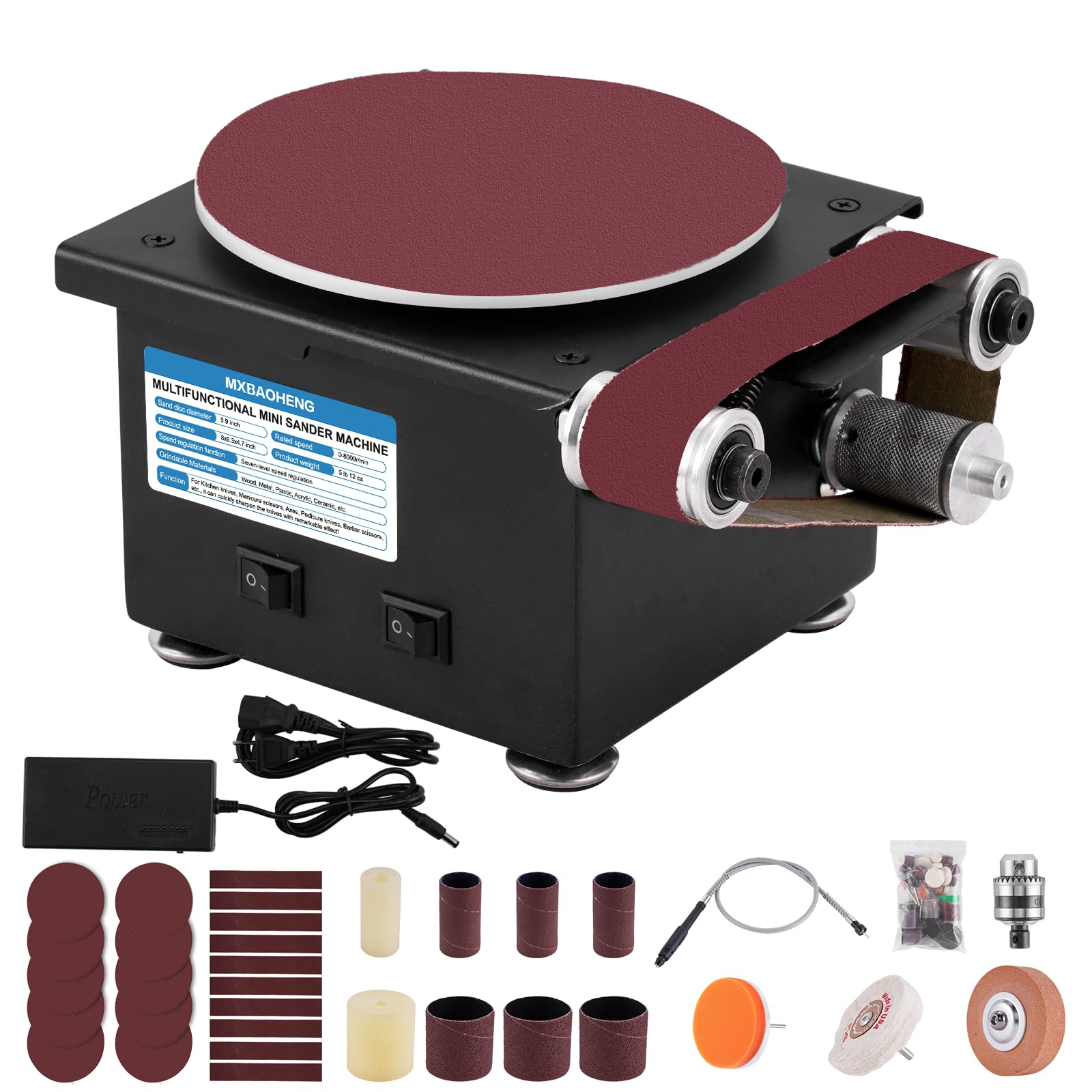 MXBAOHENG 6-Inch Mini Belt Disc Sander Machine with 1.2x15-Inch Sanding Belts - Wood Metal Stone Grinding Tool with Chuck & Flexible Shaft - Perfect for DIY Crafts, Furniture Repair, and Curve Sanding Projects