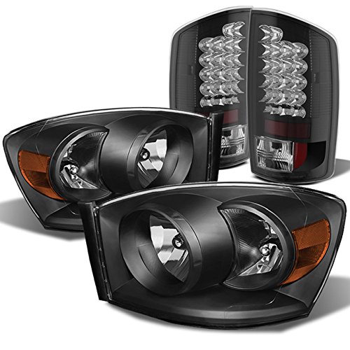 AKKON Black Crystal Headlights & LED Tail Lights for 2006 Dodge Ram 1500/2500/3500 - 4PCs Set - Upgrade Your Truck Lighting for Night Driving & Off-Road Adventures