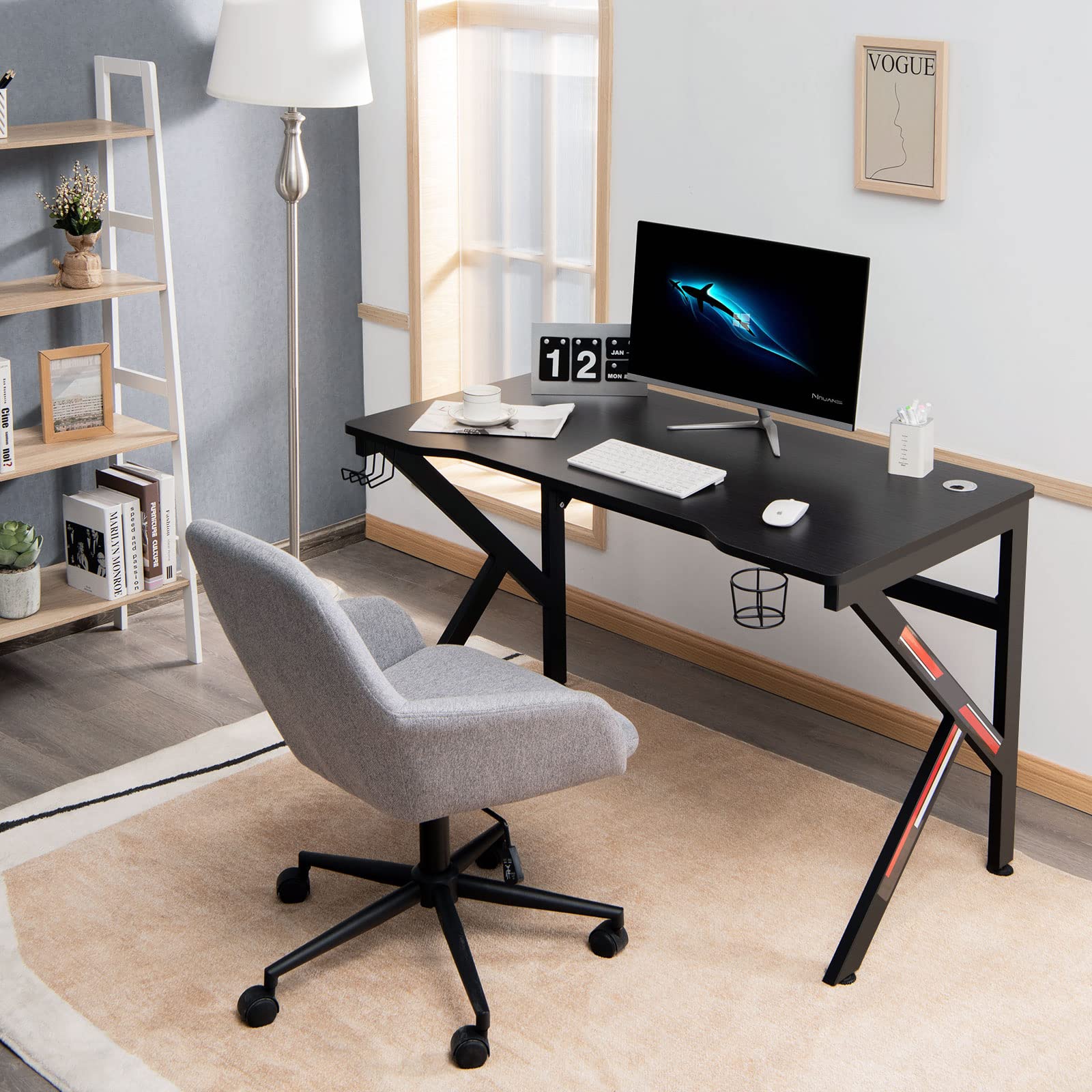**48 Inch K-Shaped Gaming Desk with Cup Holder & Headphone Hook - Ergonomic PC Computer Desk for Gamers, Home Office & Workstation - 2 Cable Management Holes, Durable Black Design - Perfect for Esports, Streaming & Remote Work**