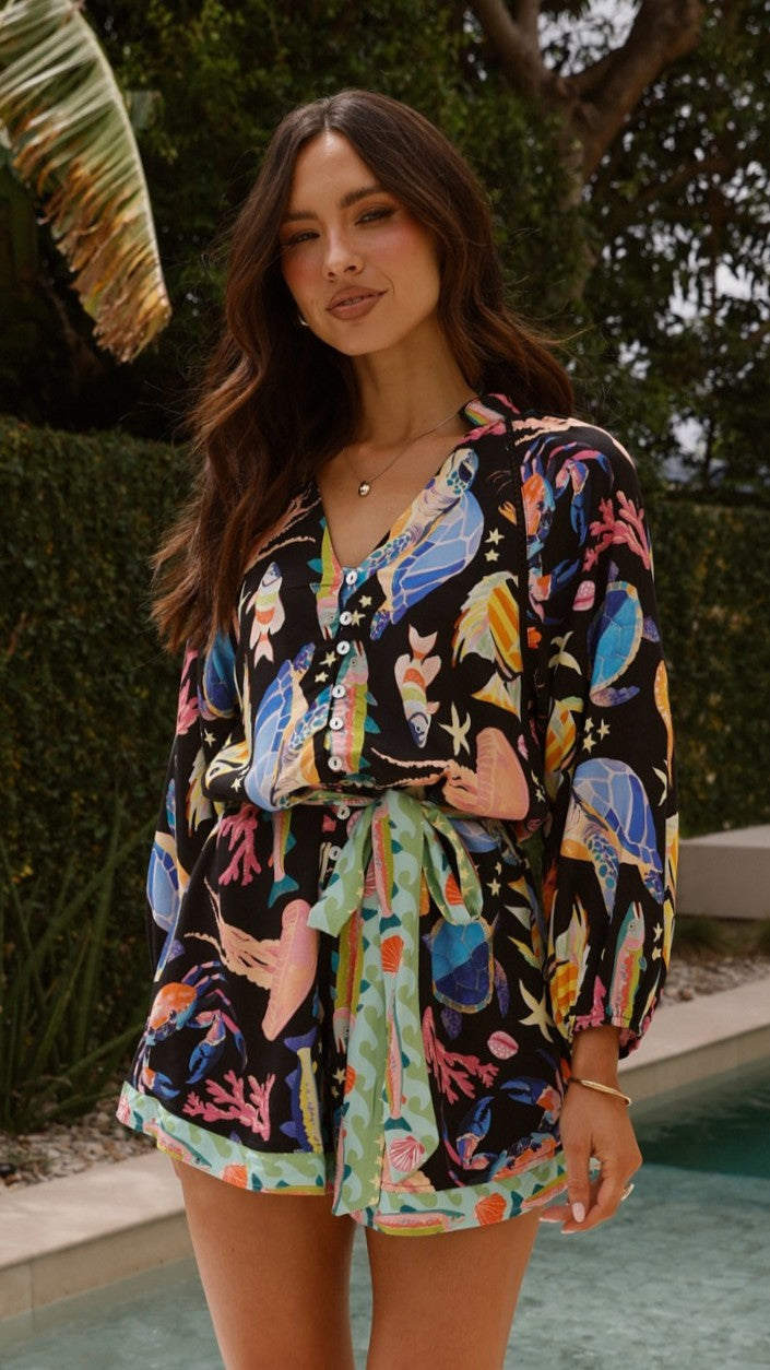 Felicita Tie Waist Playsuit - Stylish Black & Multi Print Jumpsuit for Women | Perfect for Summer Outfits, Beach Vacations & Casual Date Nights