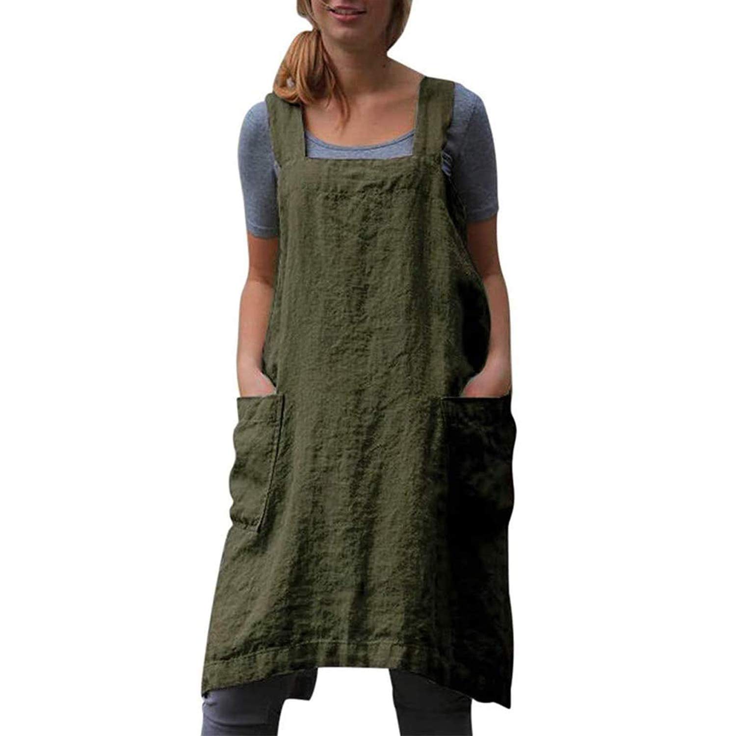 Premium Cotton Linen Cross Back Apron for Women - Adjustable Kitchen Apron with Pockets for Baking, Cooking & Grilling - Comfortable Pinafore Dress for Home Chefs & Professional Cooks