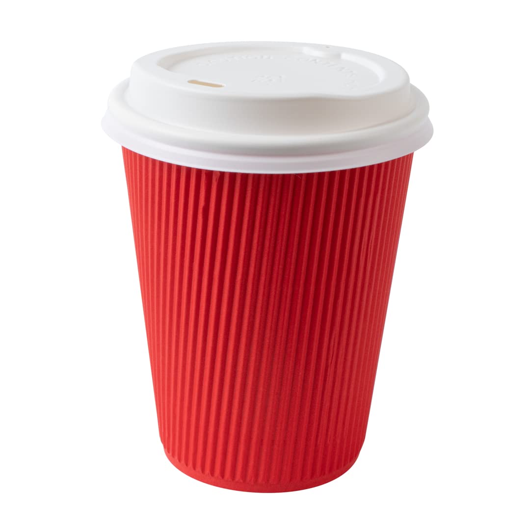 12oz Insulated Coffee Cups with Lids (200 Pack) - Leakproof & Non-Slip Red Disposable Paper Cups for Hot Beverages - Perfect for Coffee, Tea, Hot Cocoa & Lattes in Restaurants, Cafés & Offices