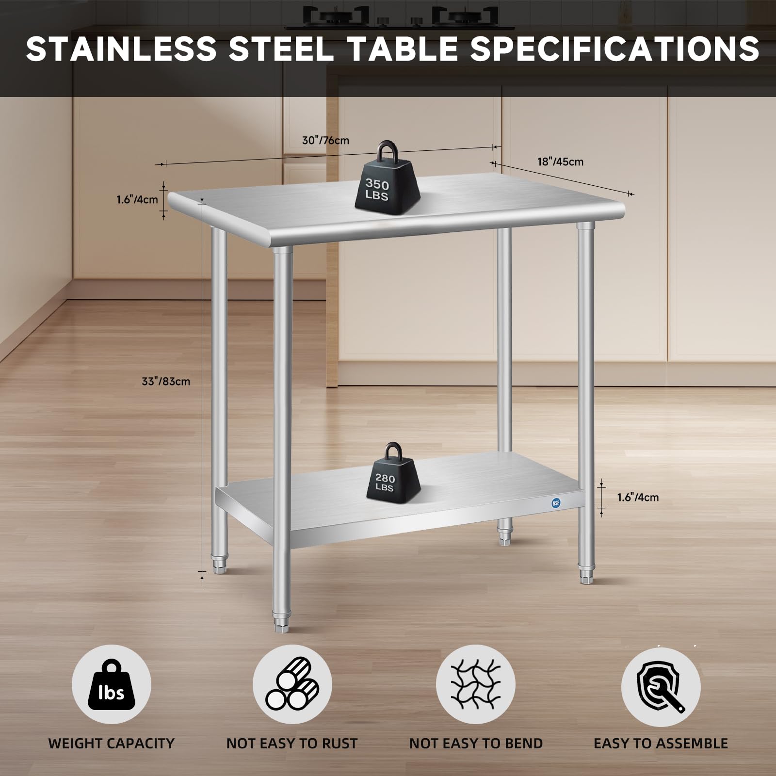 30x18x33 Inch NSF Certified Stainless Steel Prep Table - Heavy Duty Commercial Kitchen Work Table for Restaurant, Home & Food Prep - Perfect for Small Spaces & Kitchen Expansion