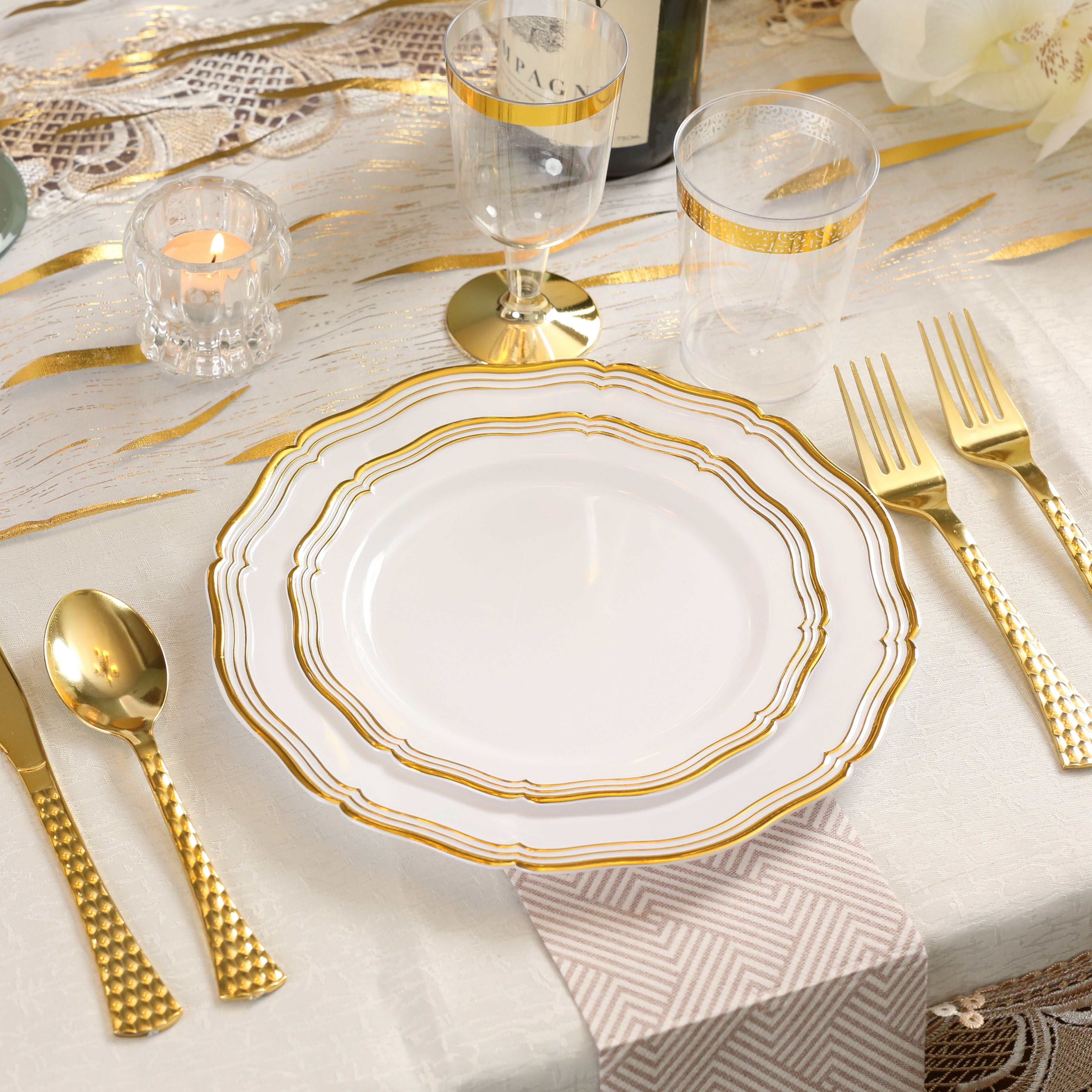Luxury White and Gold Plastic Party Decorations Bundle - Elegant Aristocrat Theme for Weddings, Birthdays & Special Events