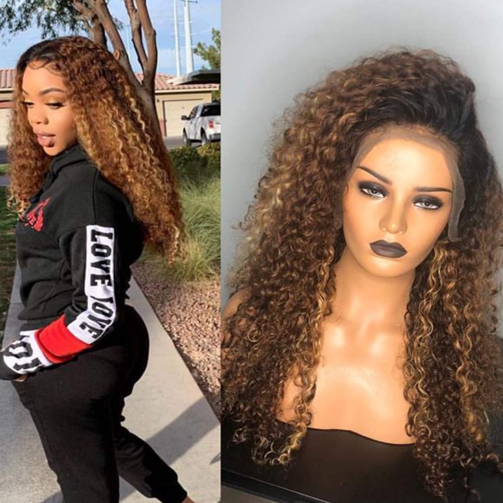 Ombre Blonde Curly Human Hair Wigs - 180% Density Malaysian Curl Full Lace Wig with Baby Hair & Bleached Knots | Pre-Plucked Lace Front Wig for African American Women (24 Inch) - Perfect for Daily Wear, Cosplay & Special Occasions