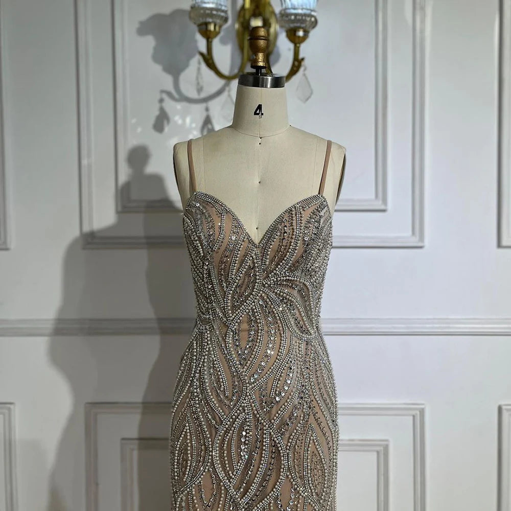 Elegant Nude White Mermaid Evening Gown with Spaghetti Straps - Luxury Women's Formal Dress for Prom, Wedding & Special Occasions - Serene Hill Collection 2025 LA70214