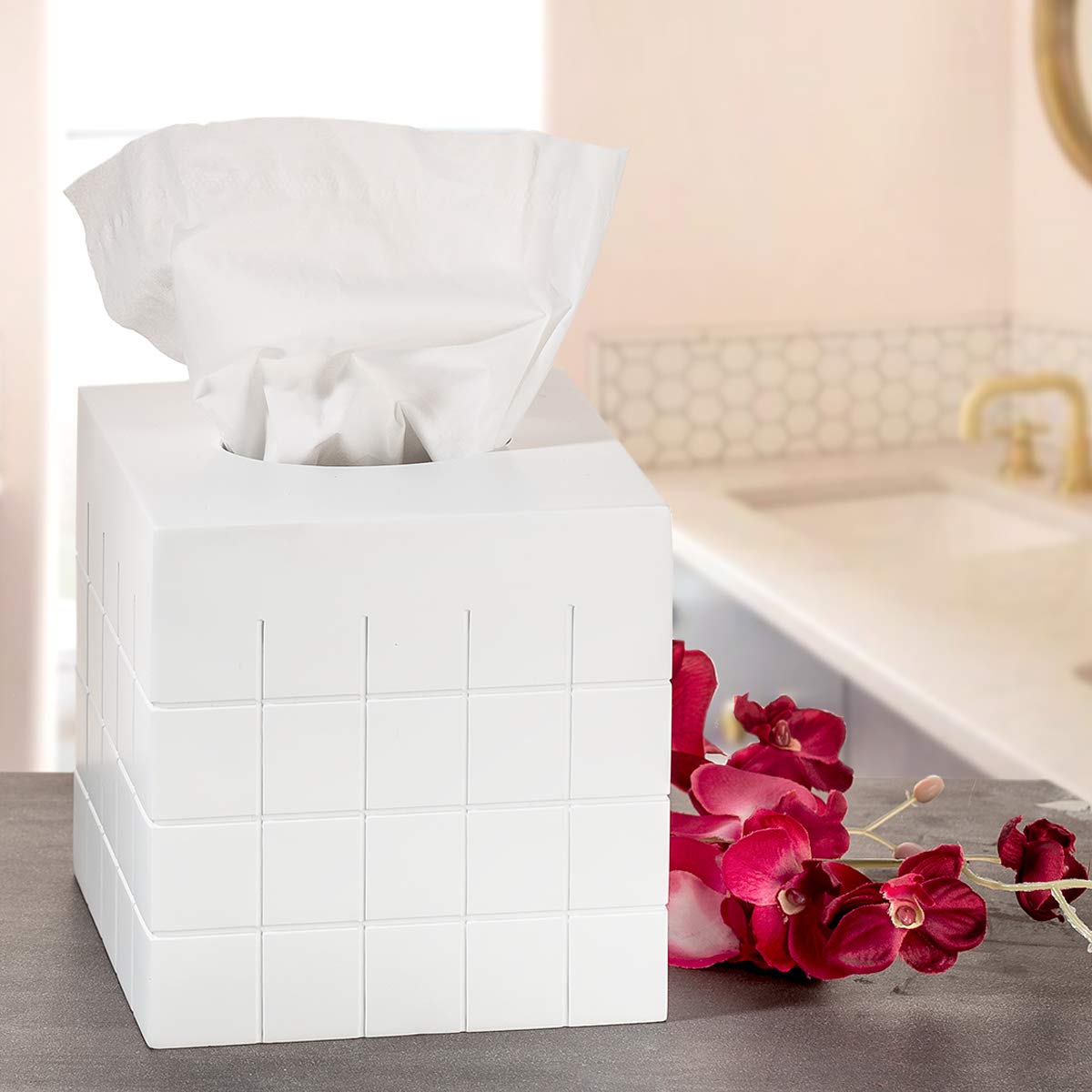 Creative Scents Polar Tissue Box Cover - Elegant White Square Bathroom Tissue Holder for Home Decor | Perfect for Bathroom, Bedroom & Living Room Accessories