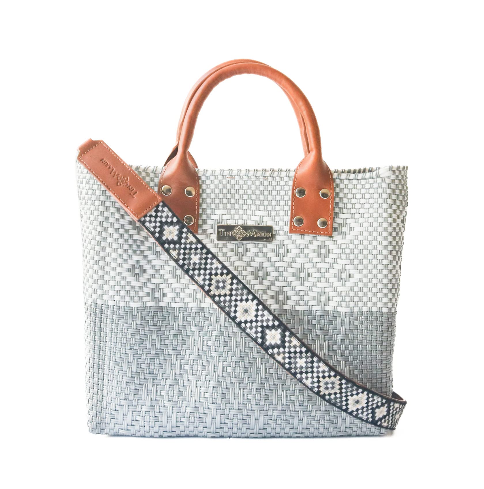Stylish Grey Large Woven Crossbody Bag with Tan Leather Handles - Eco-Friendly Recycled Plastic Handwoven Purse | Mexican Oaxaca Tote for Women | Perfect for Summer, Work & Everyday Use | Casual Outings, Beach Trips & Office Commute